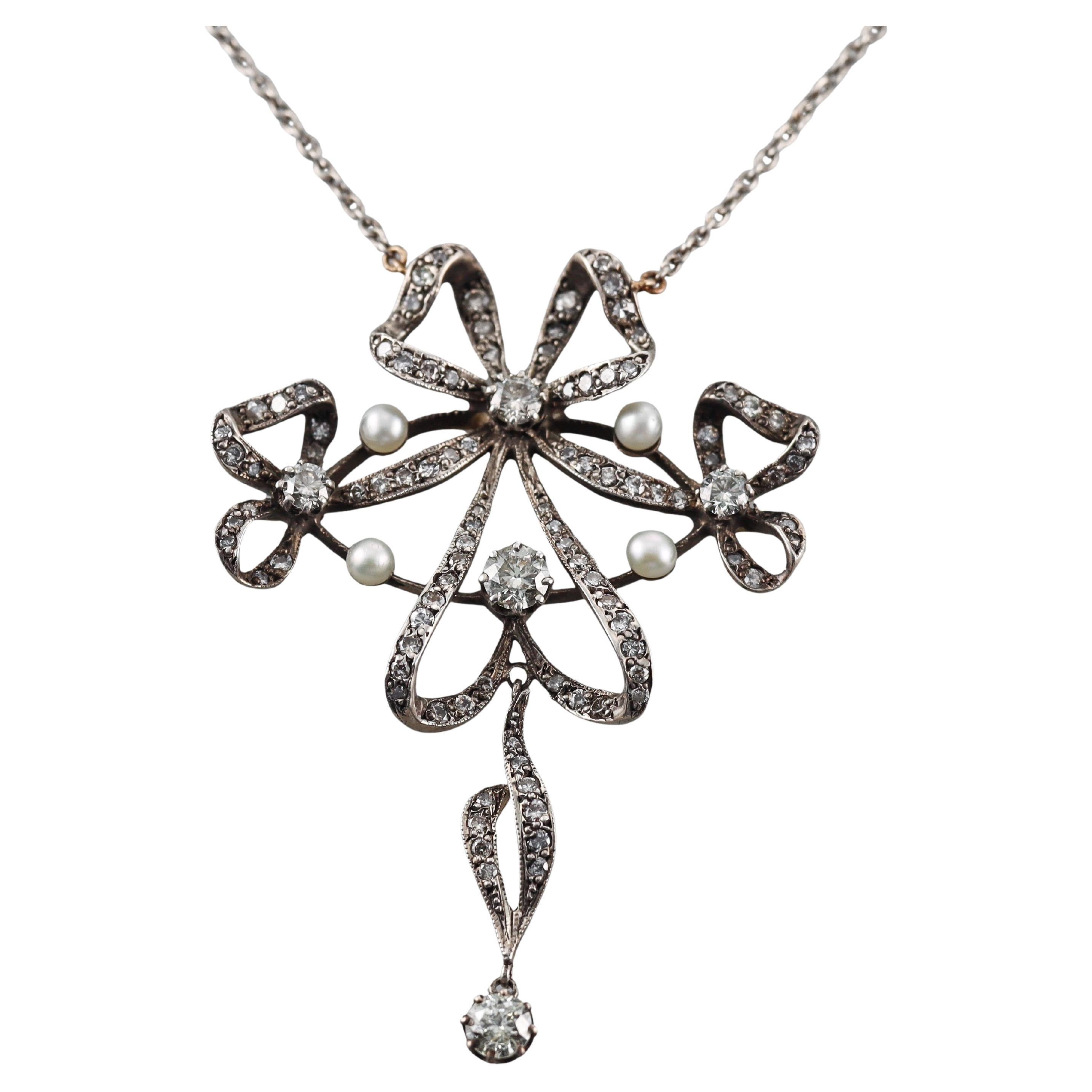 Edwardian Silver Gold Pearl Diamond Pendant Necklace