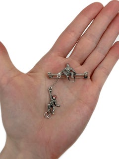 Edwardian Silver Marcasite Paste Double Monkey Figure Bar Brooch