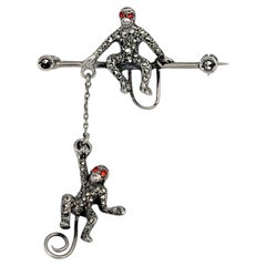 Edwardian Silver Marcasite Paste Double Monkey Figure Bar Brooch