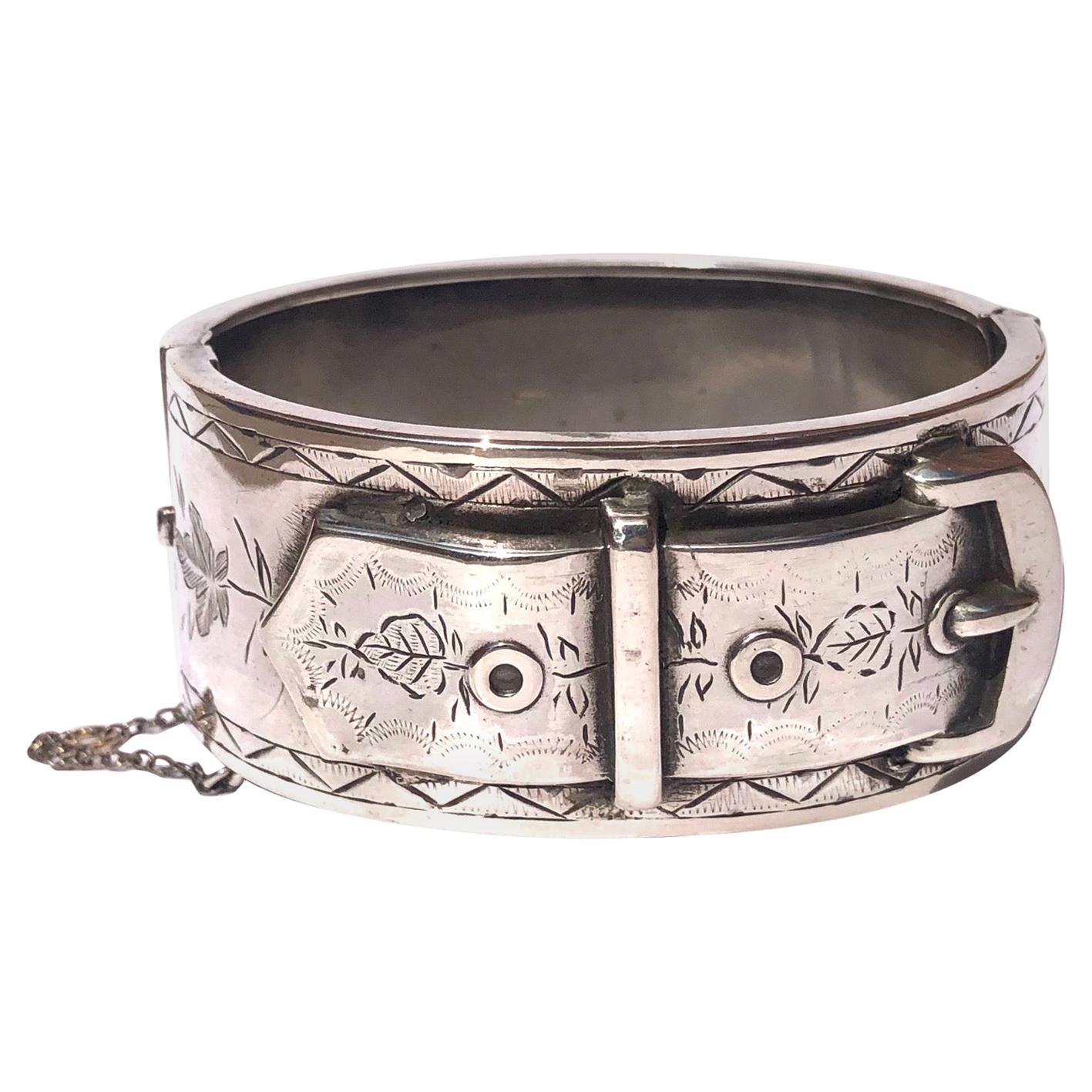 Edwardian Silver Ornate Buckle Bangle For Sale