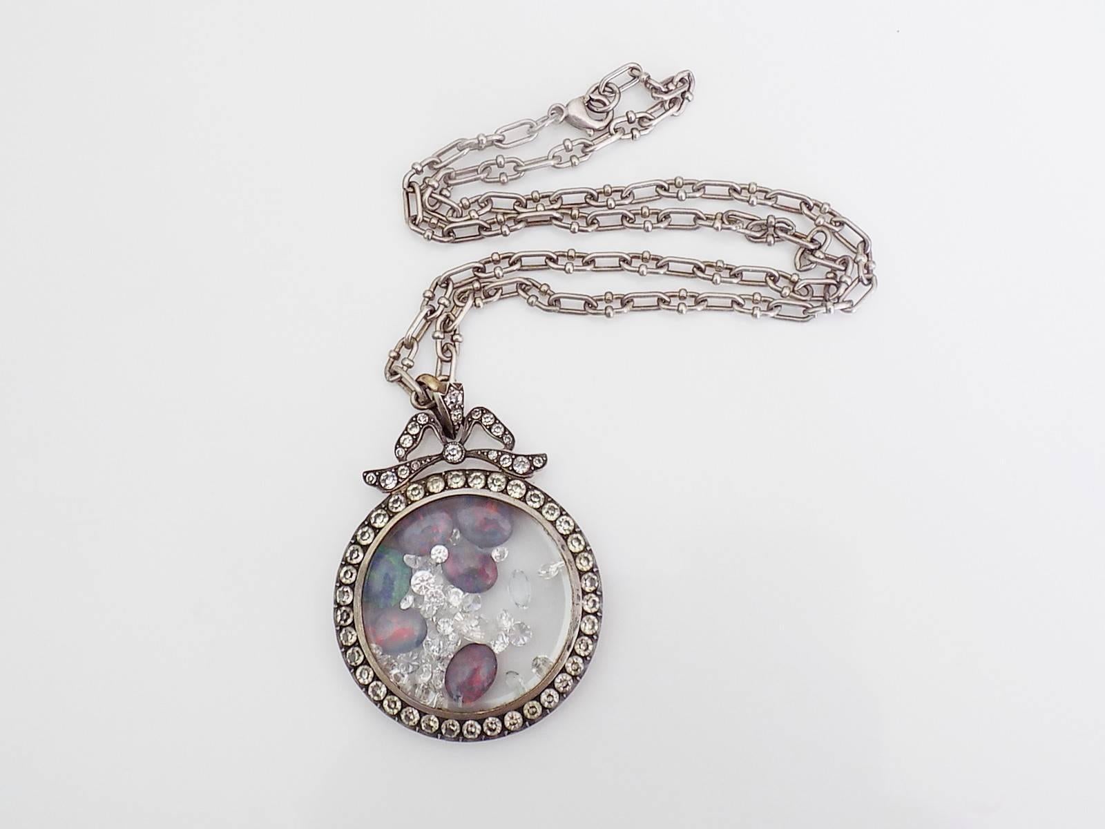 Edwardian Silver Paste Shaker Locket Opal Crystal Pendant Necklace 1