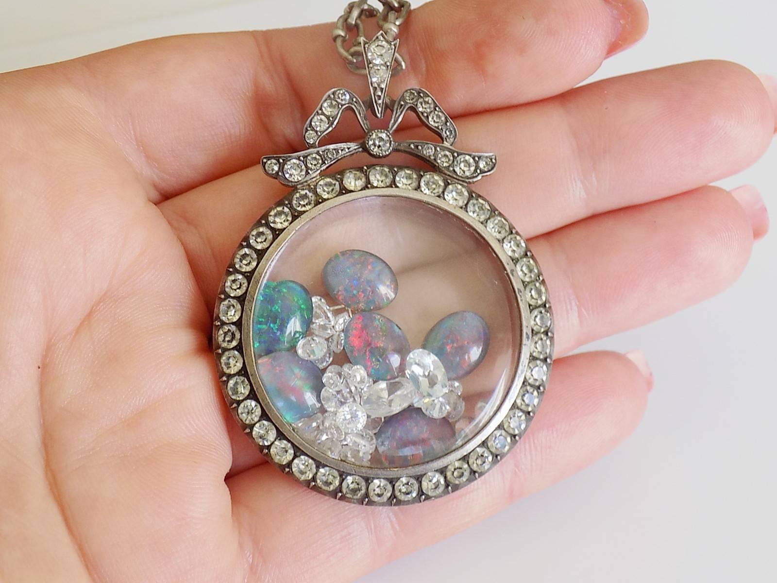 Edwardian Silver Paste Shaker Locket Opal Crystal Pendant Necklace 3