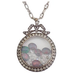 Edwardian Silver Paste Shaker Locket Opal Crystal Pendant Necklace