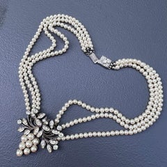 Edwardian silver paste stones, faux  pearls pendant Necklace French.