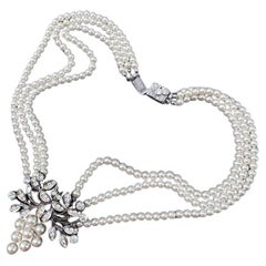 Edwardian silver paste stones, faux  pearls pendant Necklace French.