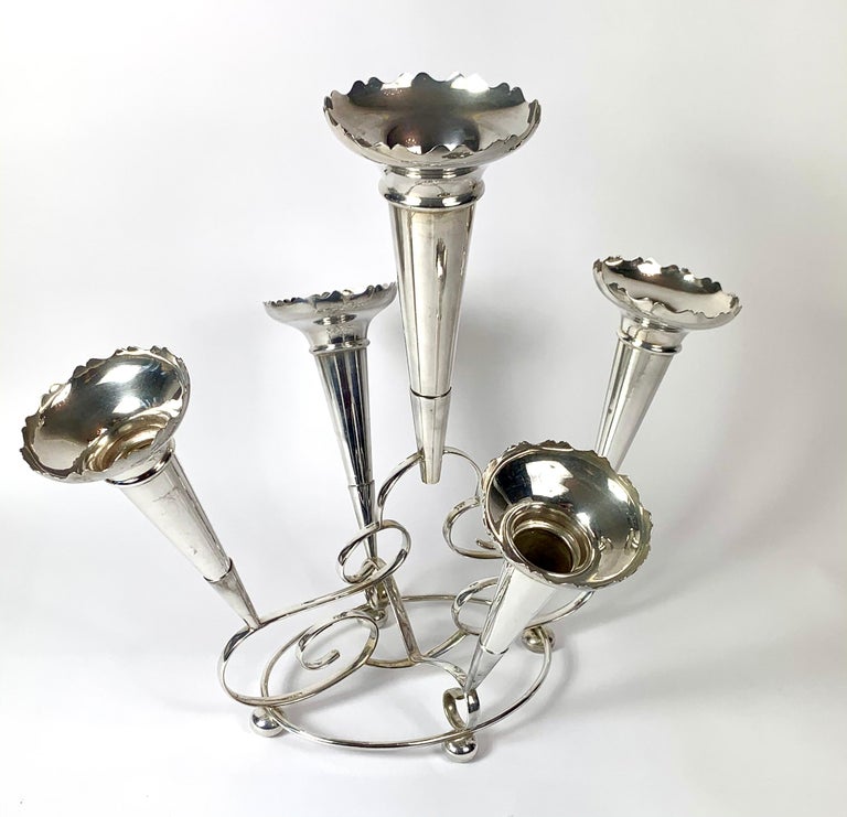 Edwardian Silver Plate Flower Vase Epergne Centerpiece with Five Tulip