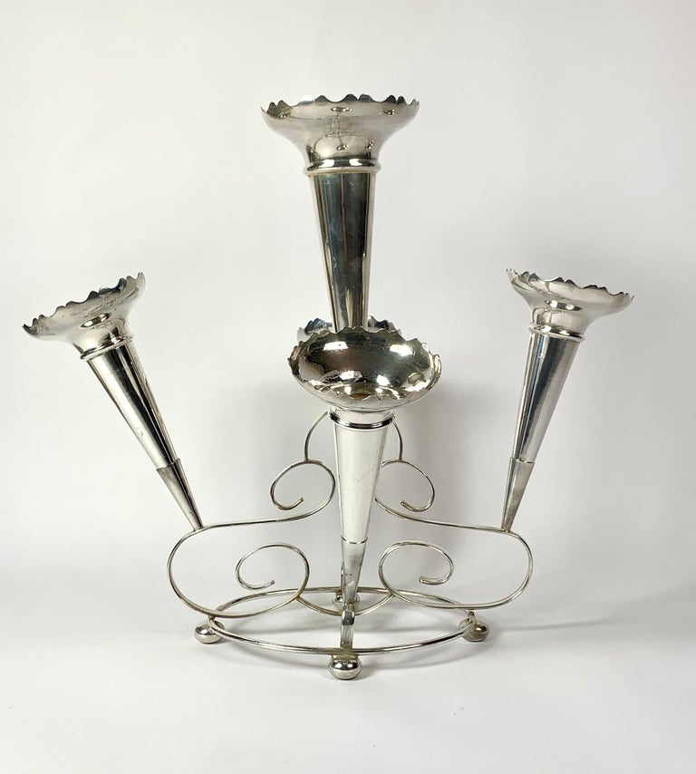 Edwardian Silver Plate Flower Vase Epergne Centerpiece with Five Tulip