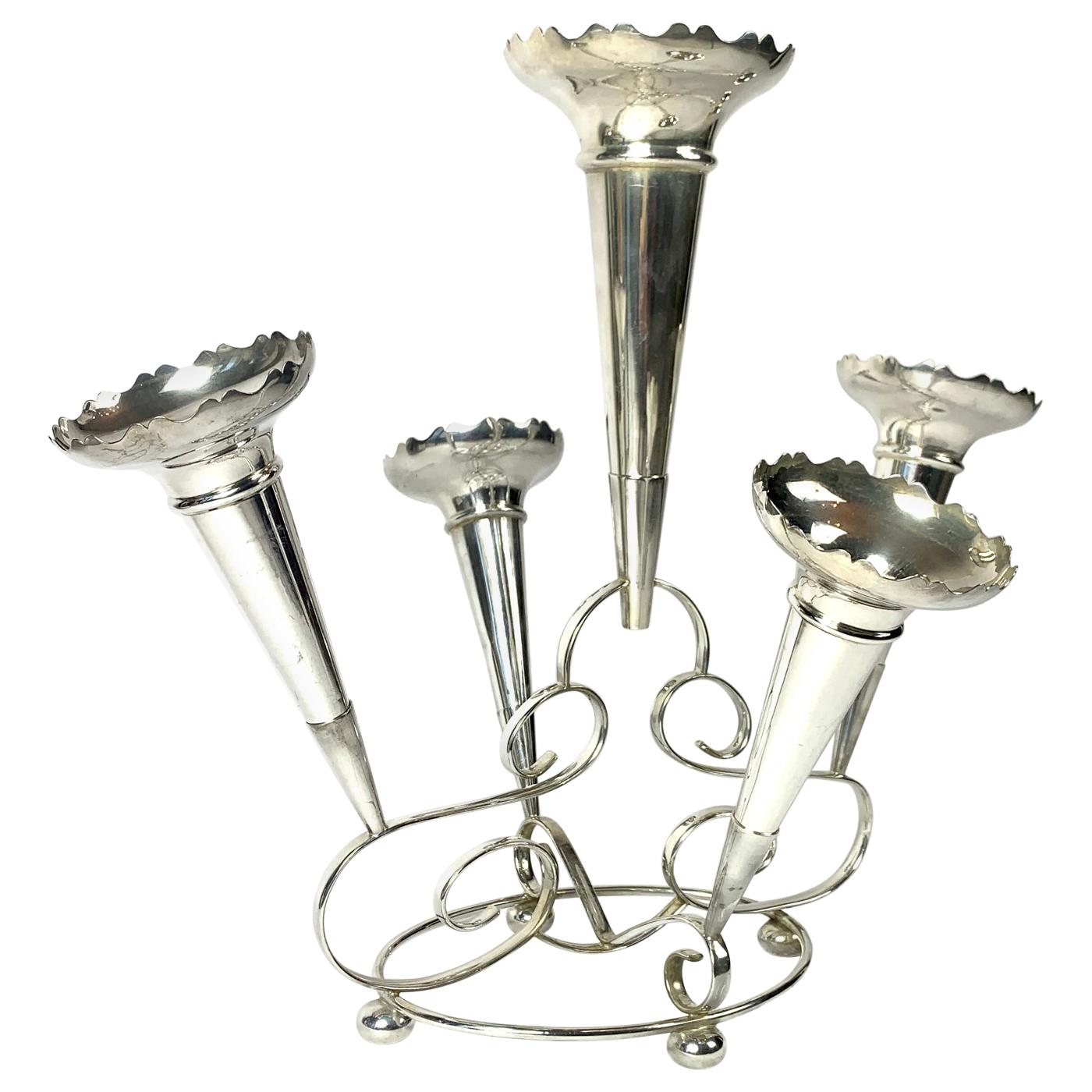 Edwardian Silver Plate Flower Vase Epergne Centerpiece with Five Tulip Vases