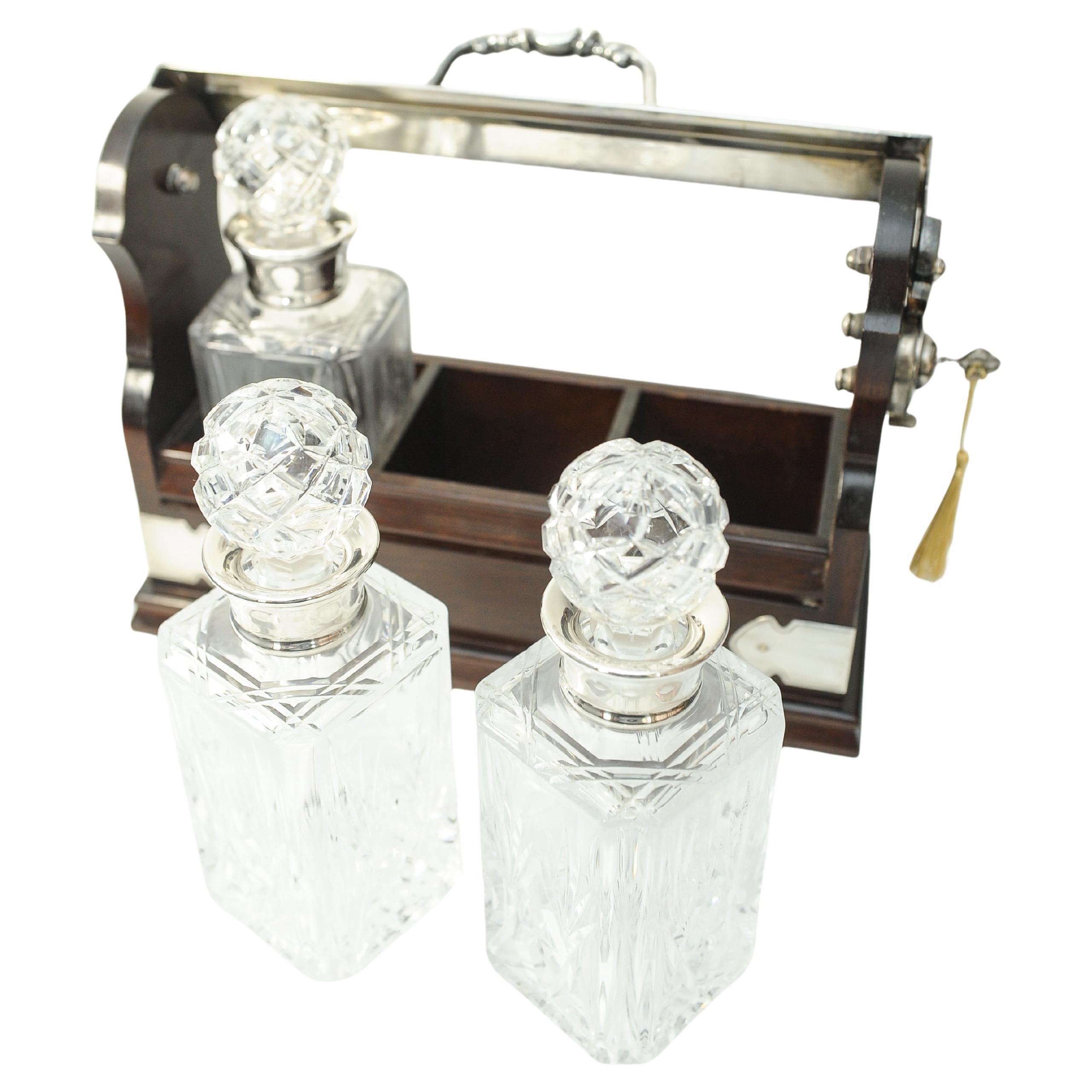 20th Century Edwardian Tantalus With A Set of Three Square Cut Glass Decanters For Sale
