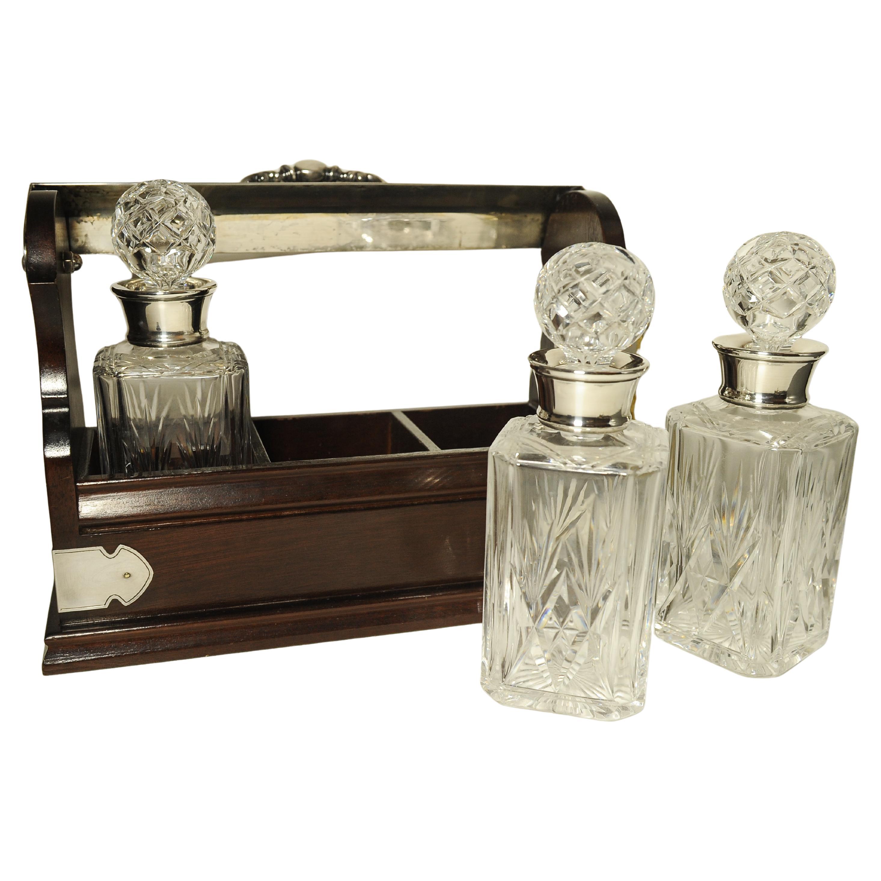 Edwardian Tantalus With A Set of Three Square Cut Glass Decanters For Sale 4