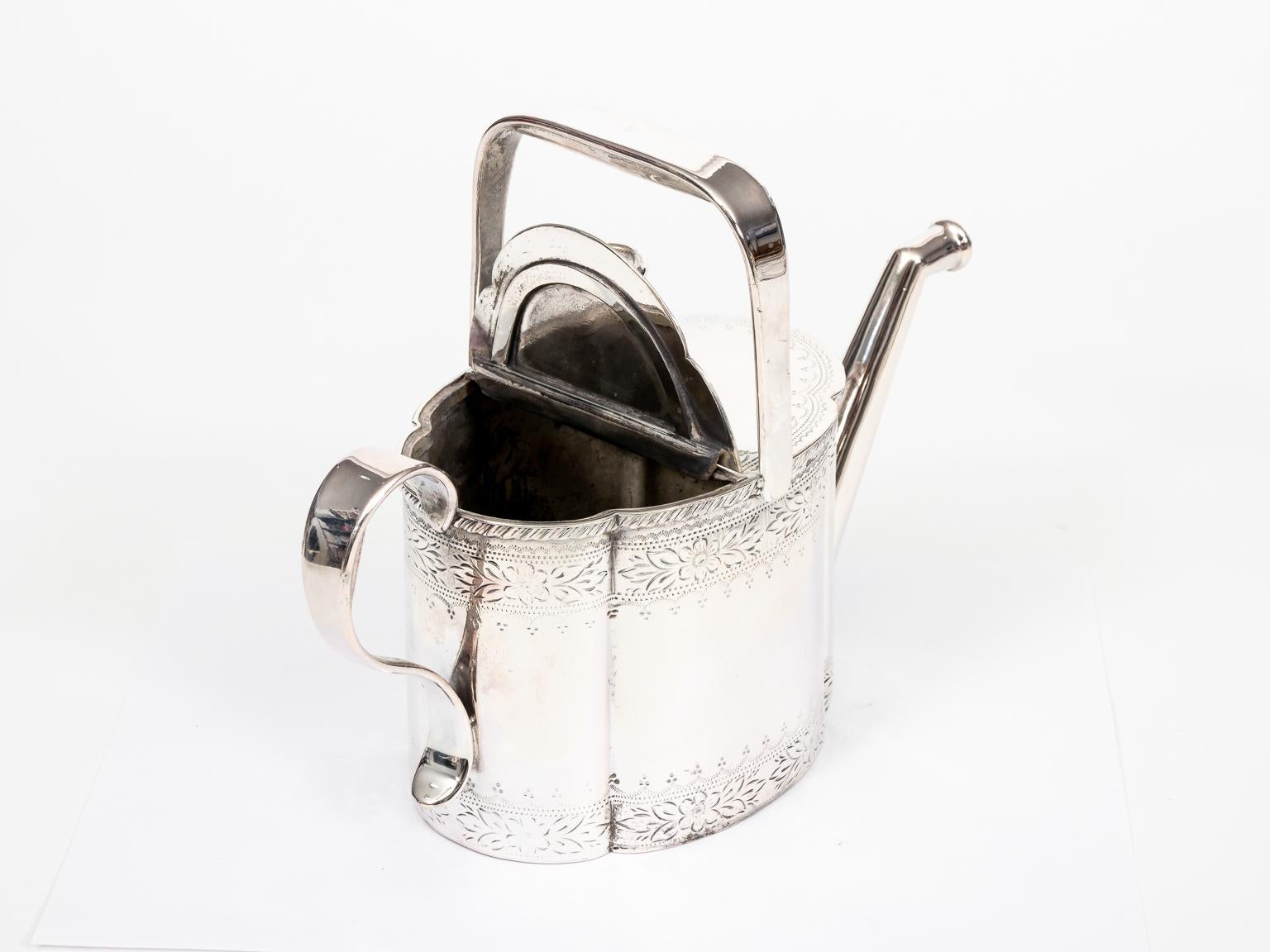 English Edwardian Silver Plate Watering Can with Floral Border