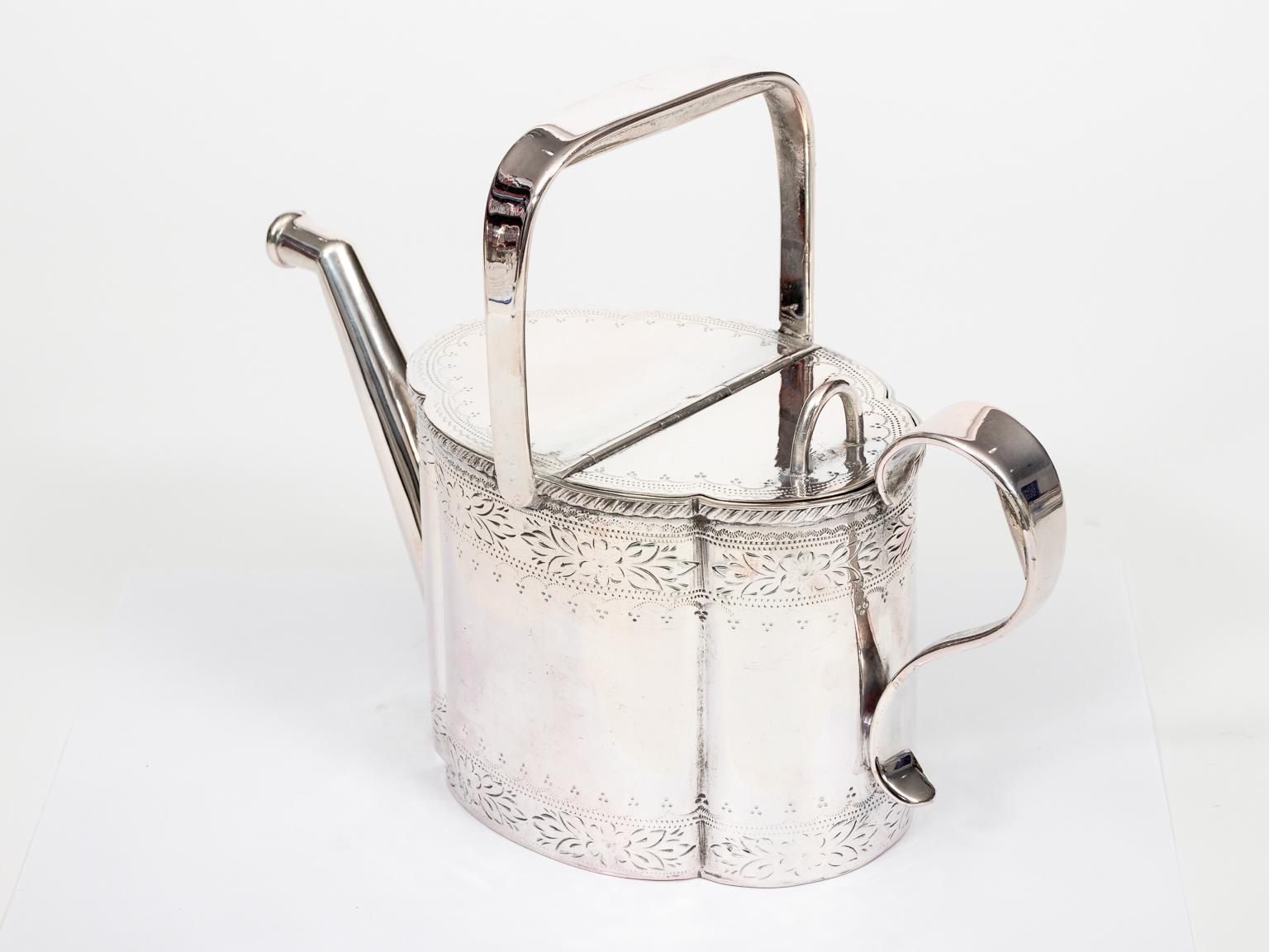 Edwardian Silver Plate Watering Can with Floral Border In Good Condition In Stamford, CT