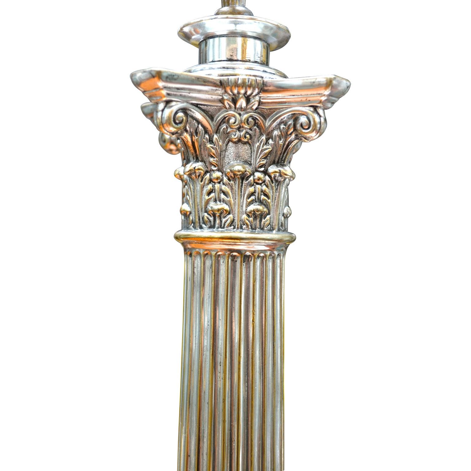 English Edwardian Silver Plated Corinthian Capital and Fluted Column Lamp