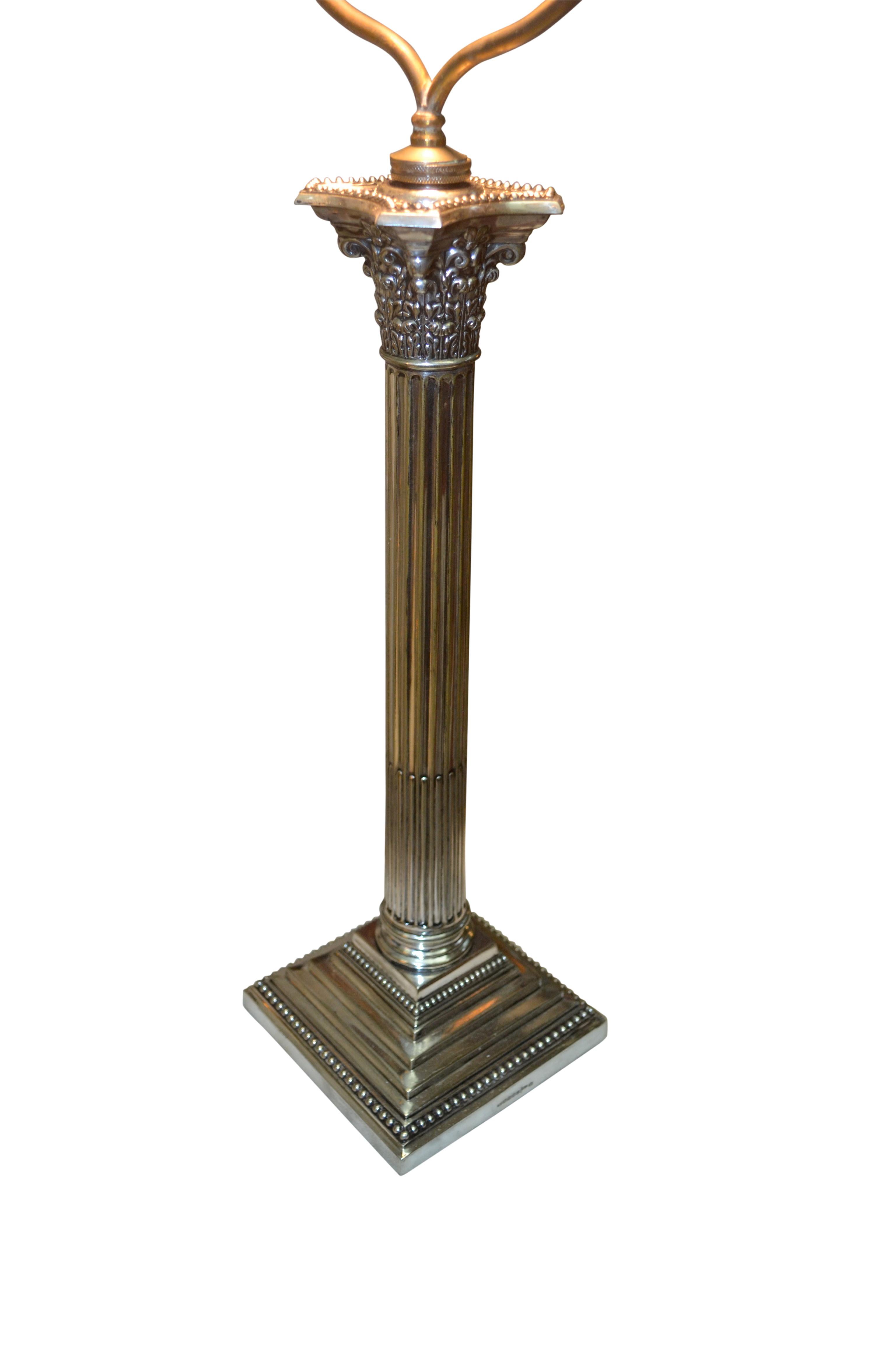 English Edwardian Silver Plated Corinthian Column Lamp Hallmarked by Walker and Hall