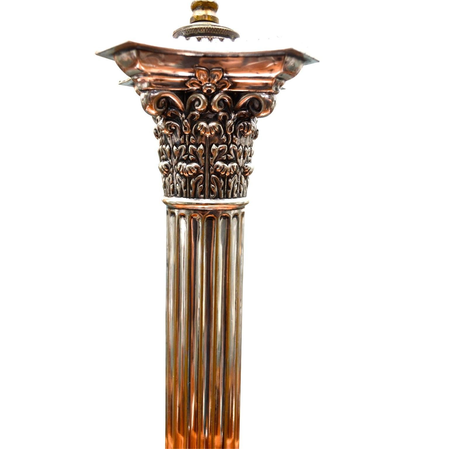 Edwardian Silver Plated Corinthian Column Lamp Hallmarked by Walker and Hall In Good Condition In Vancouver, British Columbia
