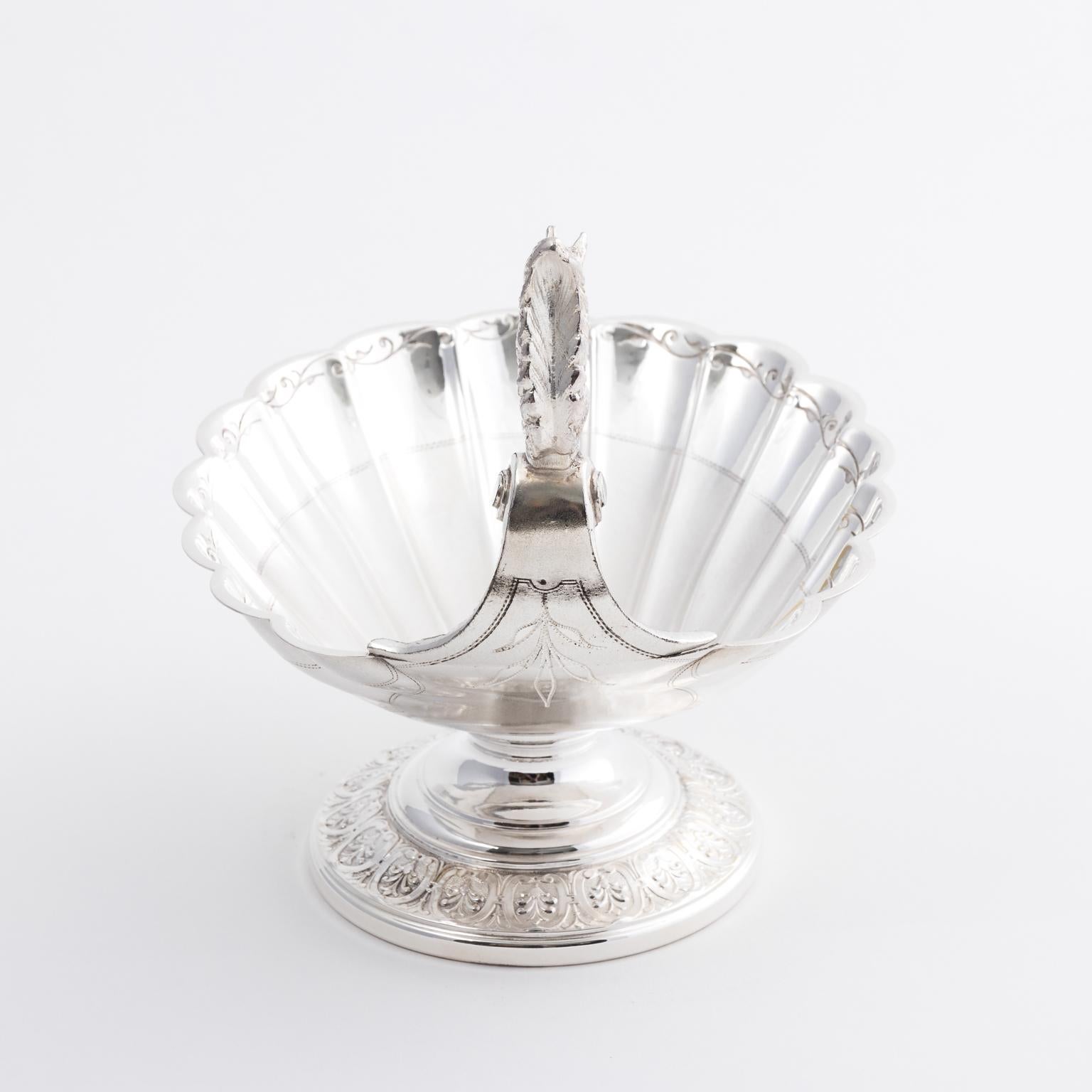 Edwardian silver plated nut serving dish with scallop shell dish and detailed squirrel on handle, circa 1900.
   