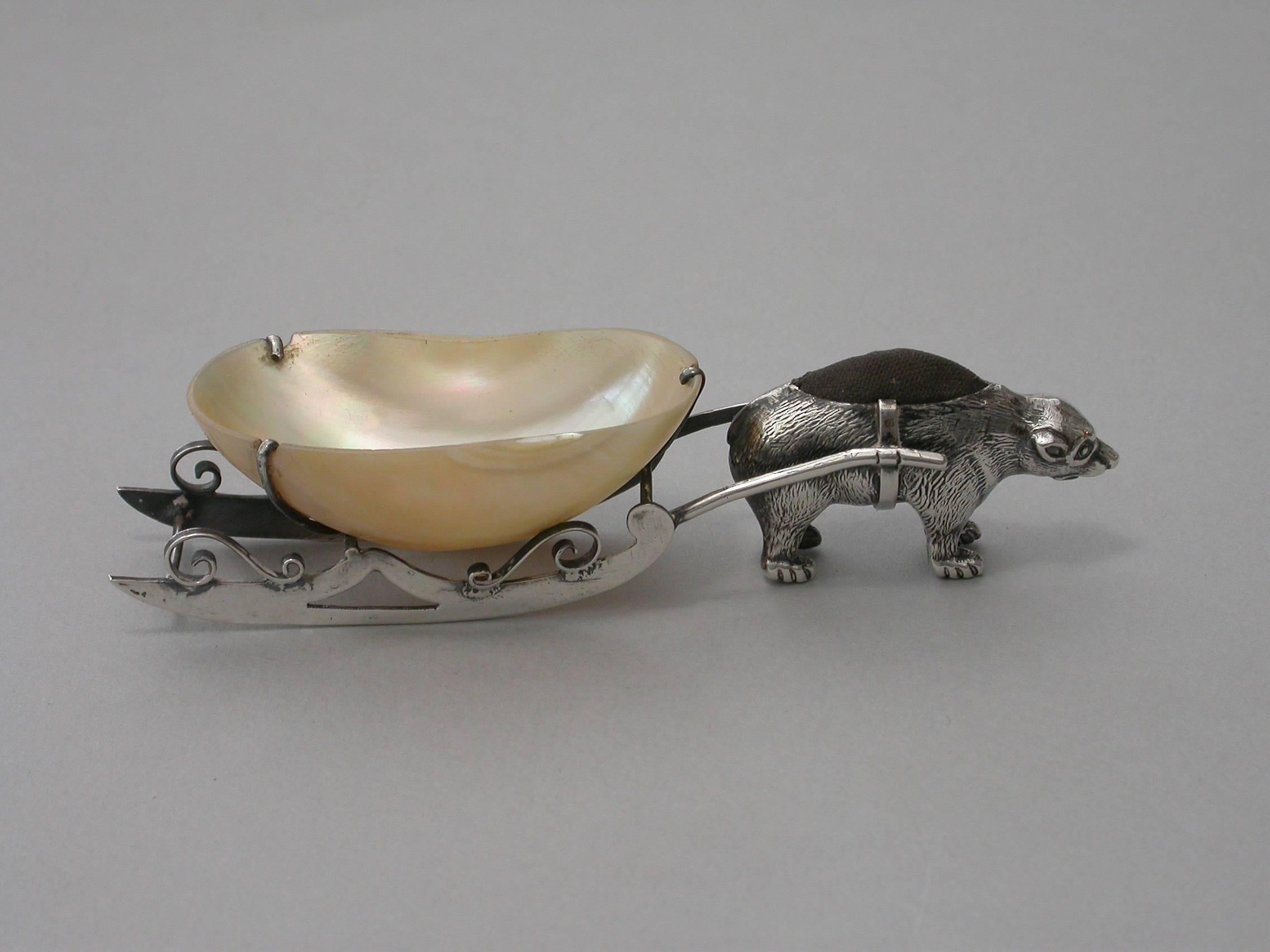 Edwardian Silver Polar Bear Pulling a Sleigh Pin Cushion, 1909 4