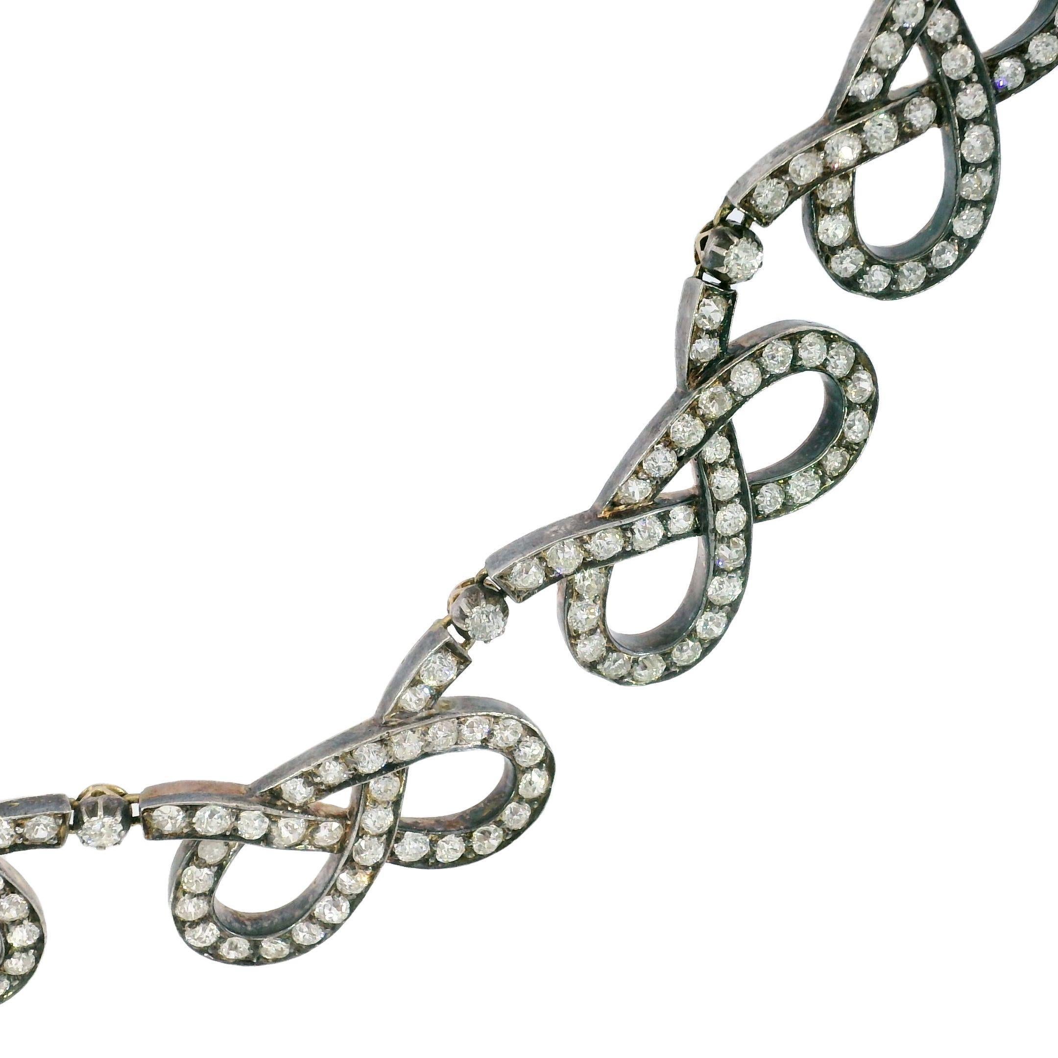 Old Mine Cut Edwardian Silver Topped Gold Infinity Bowtie Diamond Necklace ~31.9ctw Old Miner