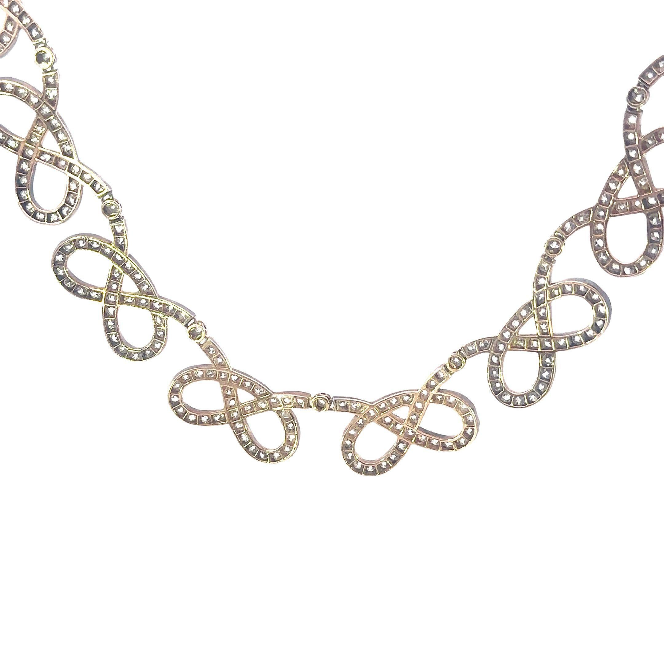 Edwardian Silver Topped Gold Infinity Bowtie Diamond Necklace ~31.9ctw Old Miner In Good Condition In Fairfield, CT