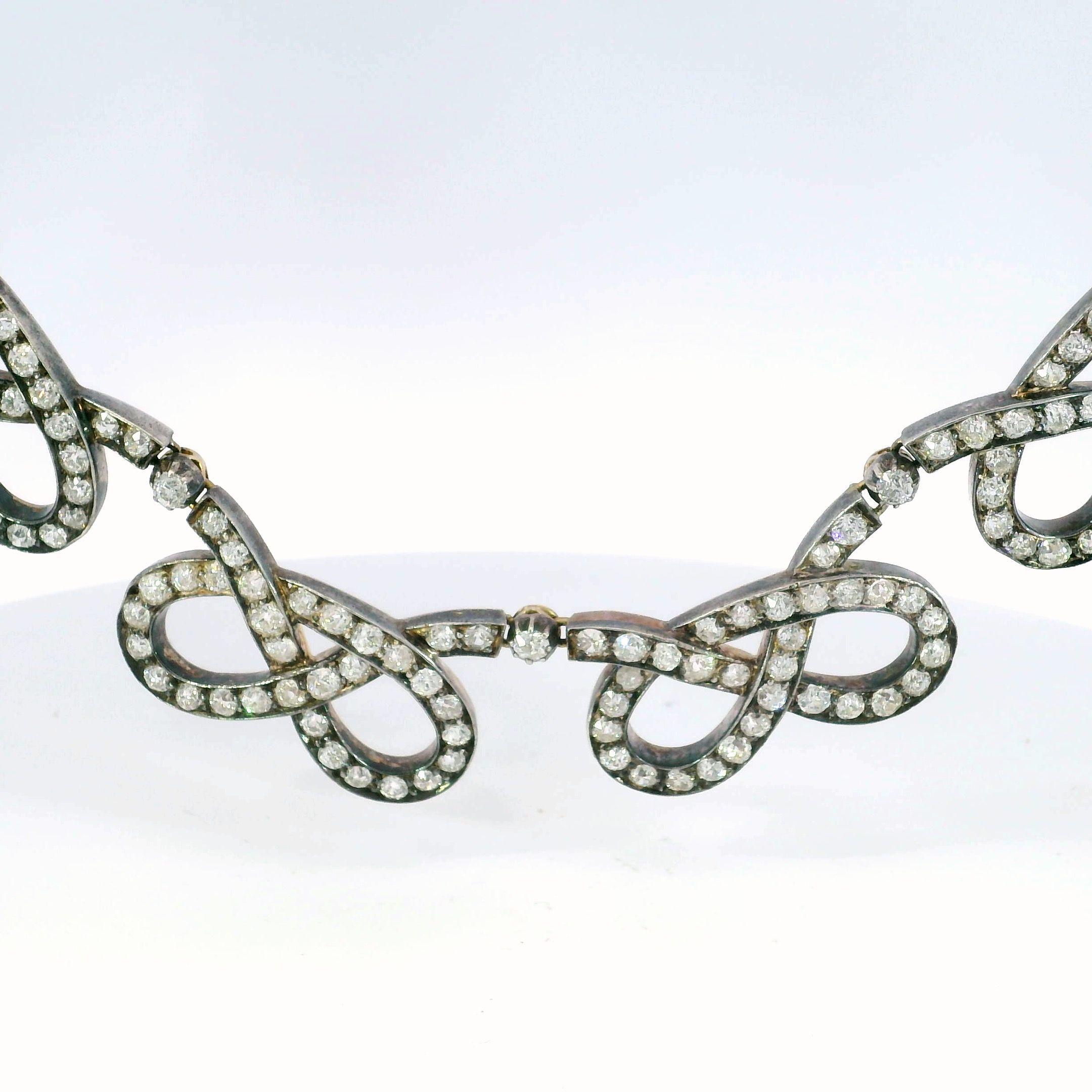 Edwardian Silver Topped Gold Infinity Bowtie Diamond Necklace ~31.9ctw Old Miner 3