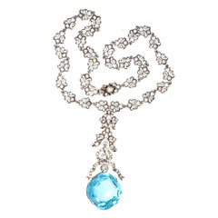Edwardian Silver & White Paste Necklace with "Aquamarine" Paste Drop Pendant