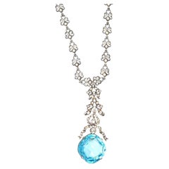 Edwardian Silver & White Paste Necklace with "Aquamarine" Paste Drop Pendant