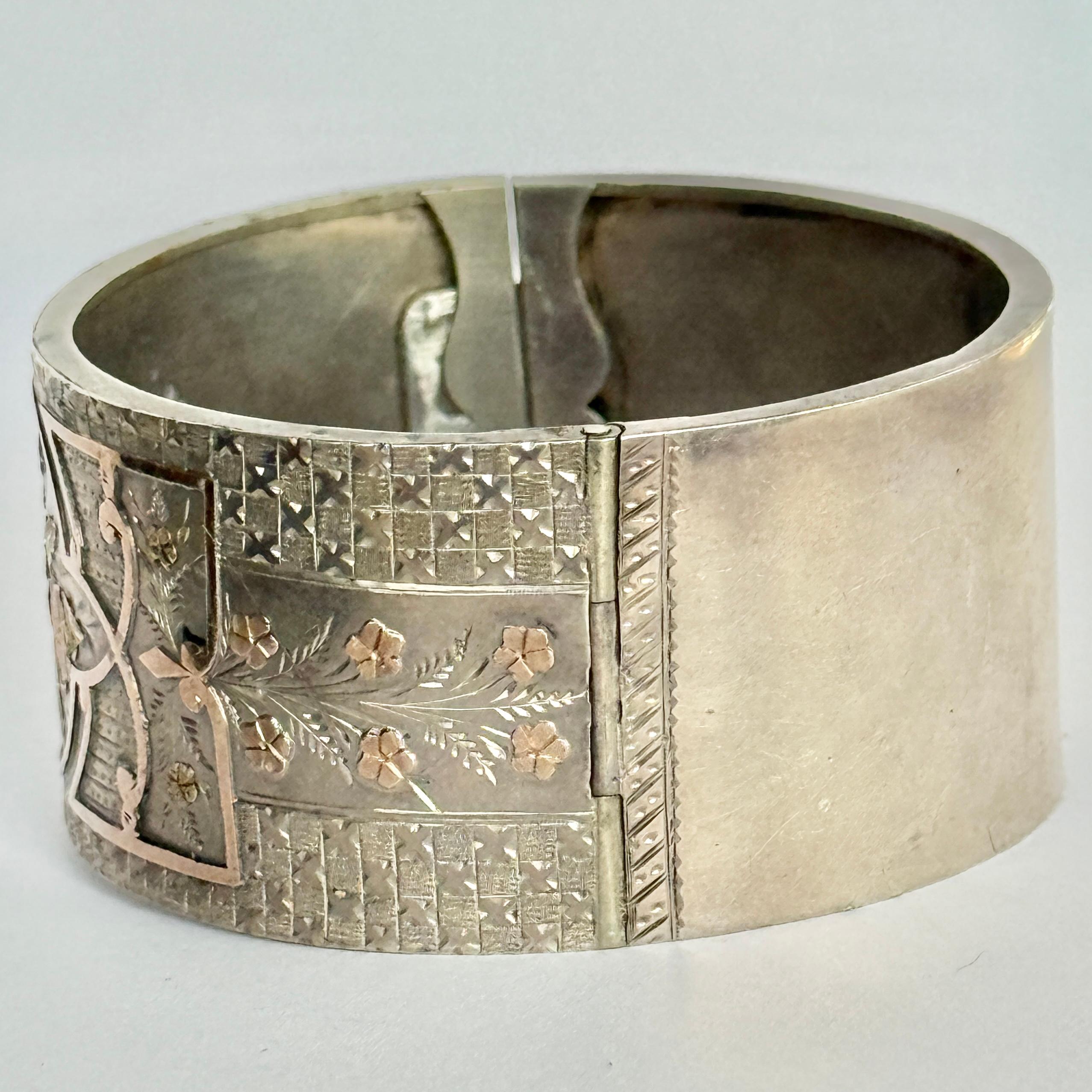 Women's or Men's Edwardian Silver, Yellow and Rose Gold Overlay Engraved Bangle For Sale
