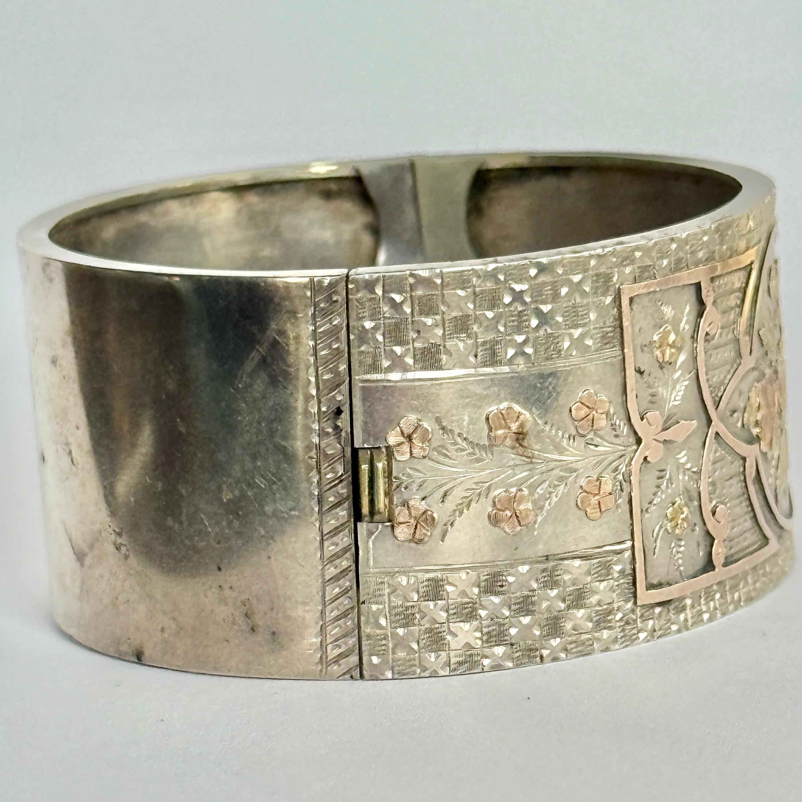 Edwardian Silver, Yellow and Rose Gold Overlay Engraved Bangle For Sale 1