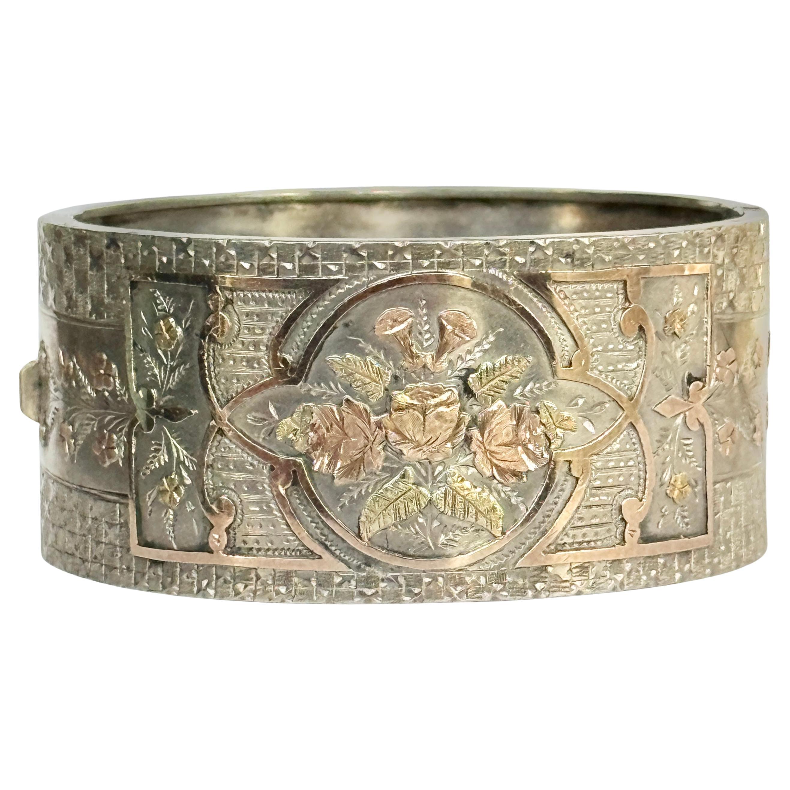 Edwardian Silver, Yellow and Rose Gold Overlay Engraved Bangle For Sale