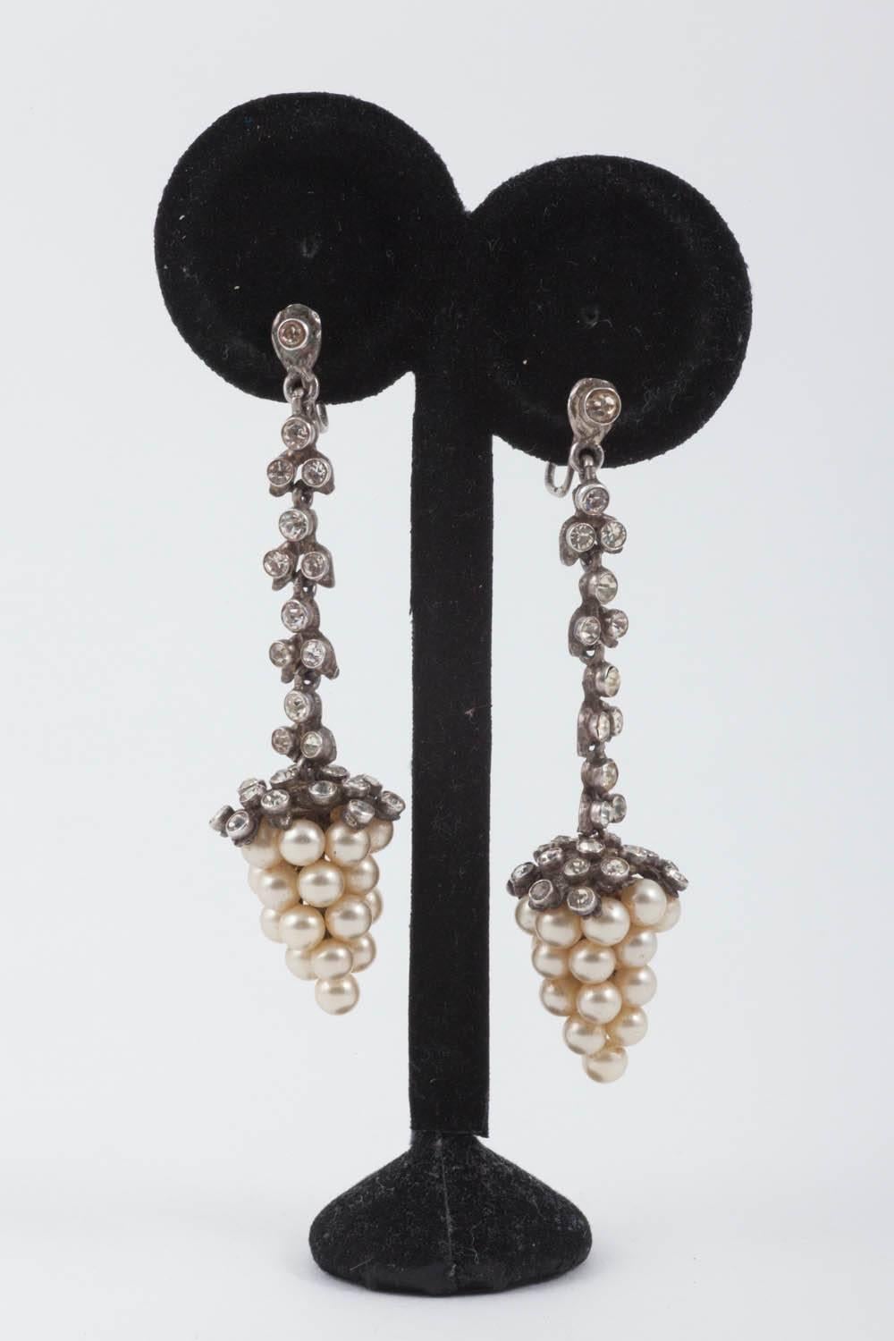 Edwardian silver, paste and paste pearl sautoir and matching earrings, French. 4
