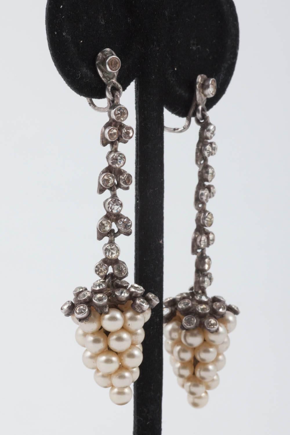 Edwardian silver, paste and paste pearl sautoir and matching earrings, French. 5