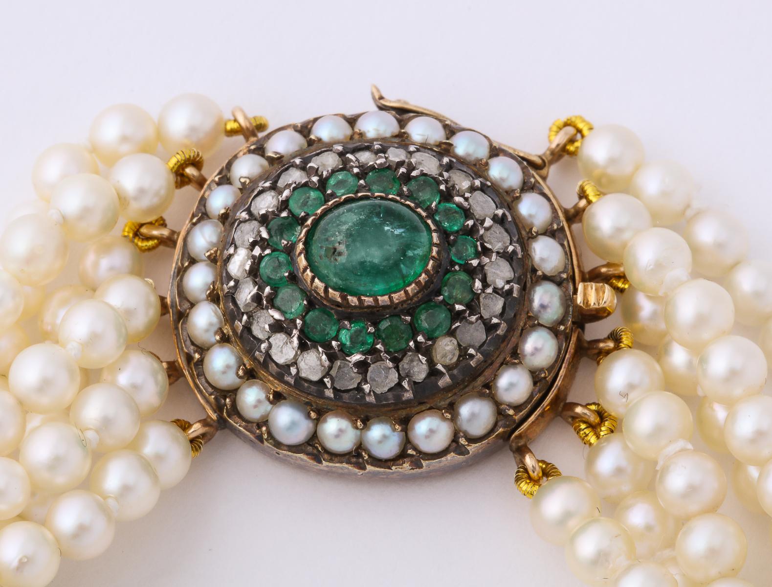Edwardian Six Strand MM Cultured Pearls and Emerald and Rose Diamond Gold Clasp 7