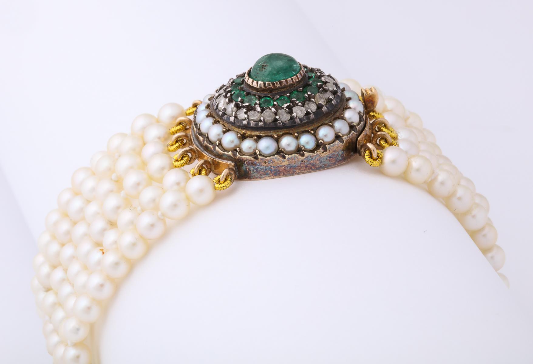 Edwardian Six Strand MM Cultured Pearls and Emerald and Rose Diamond Gold Clasp 8