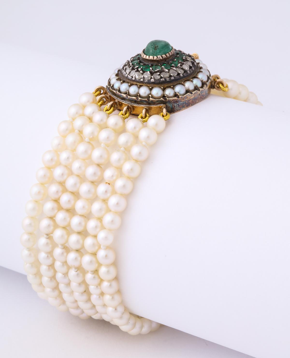 Edwardian Six Strand MM Cultured Pearls and Emerald and Rose Diamond Gold Clasp 4