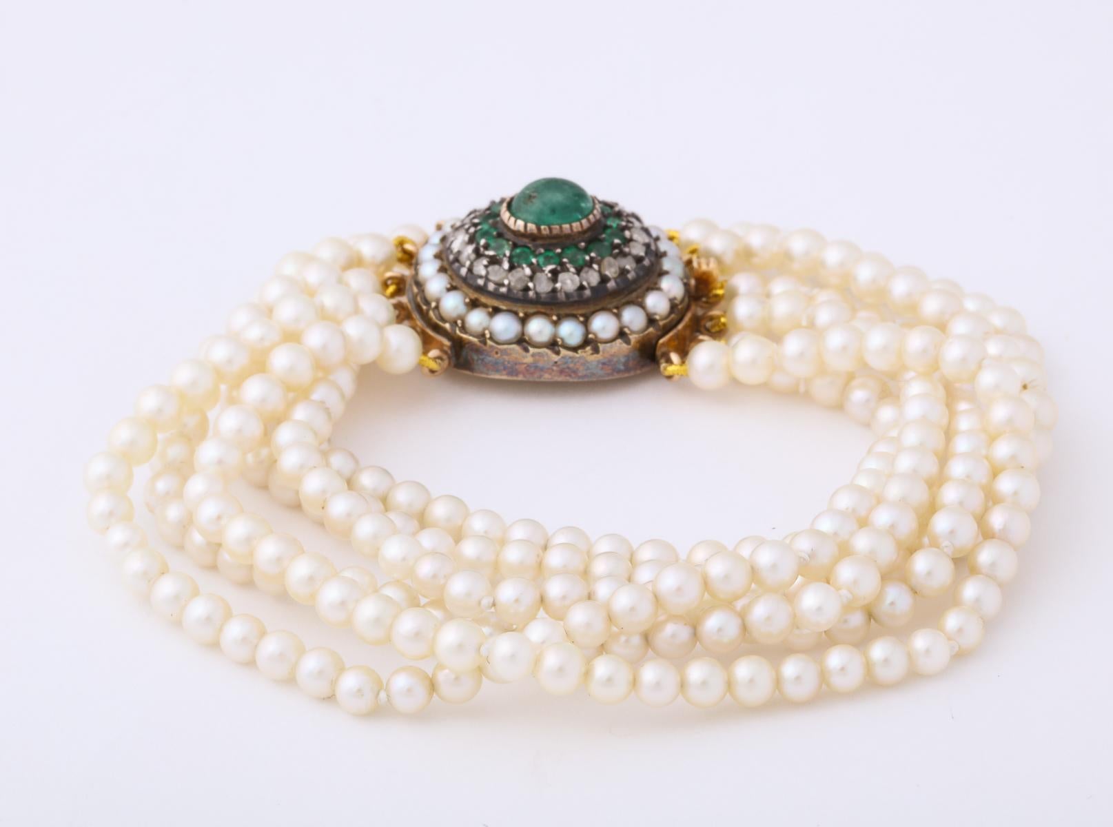 Edwardian Six Strand MM Cultured Pearls and Emerald and Rose Diamond Gold Clasp 5