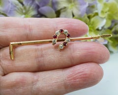 Edwardian Sloan & Co Diamond Ruby Old Mine Diamond 14K Gold Horseshoe Brooch