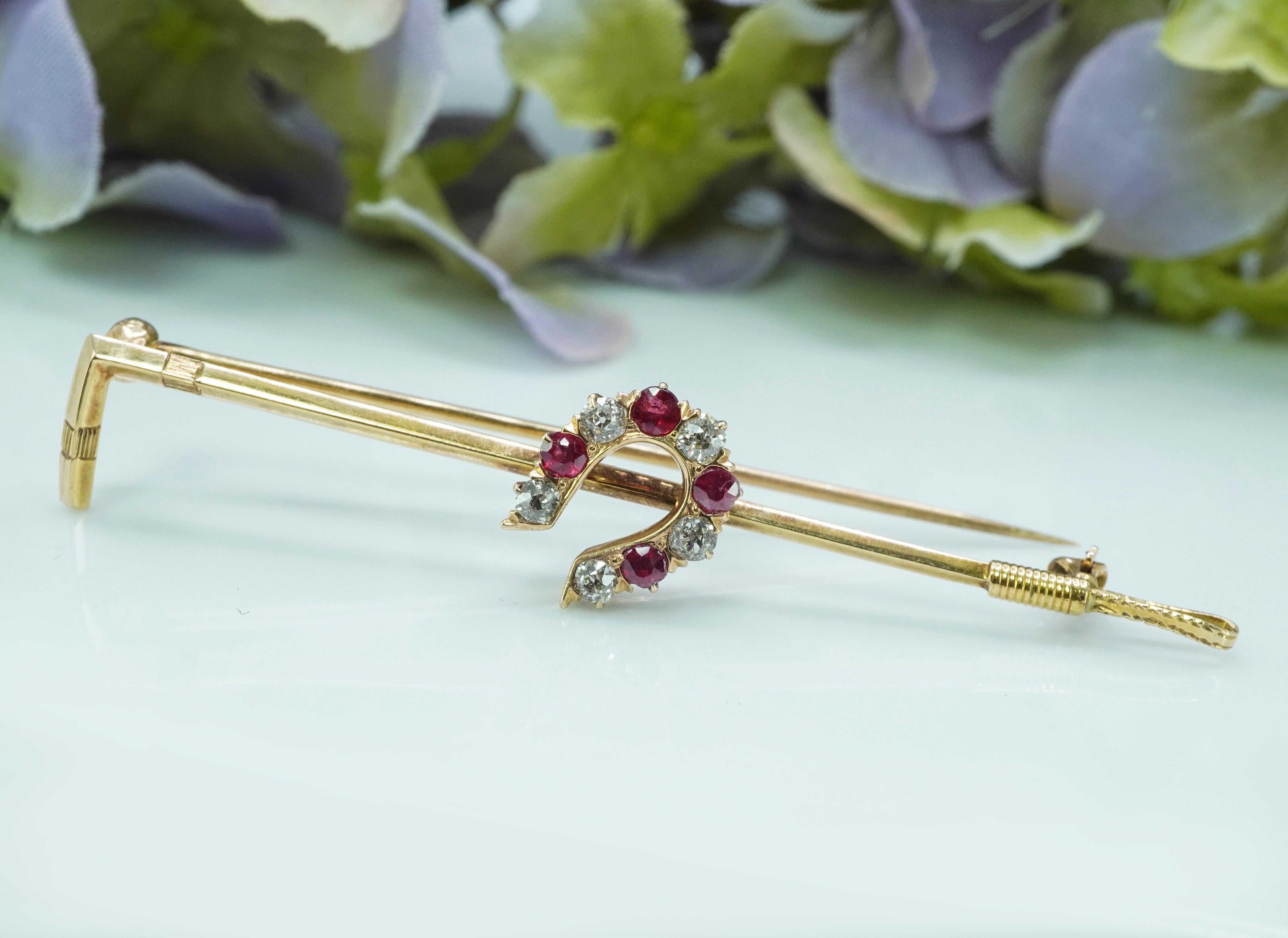 Edwardian Sloan & Co Diamant Rubin Alte Mine Diamant 14K Gold Hufeisen Brosche für Damen oder Herren im Angebot