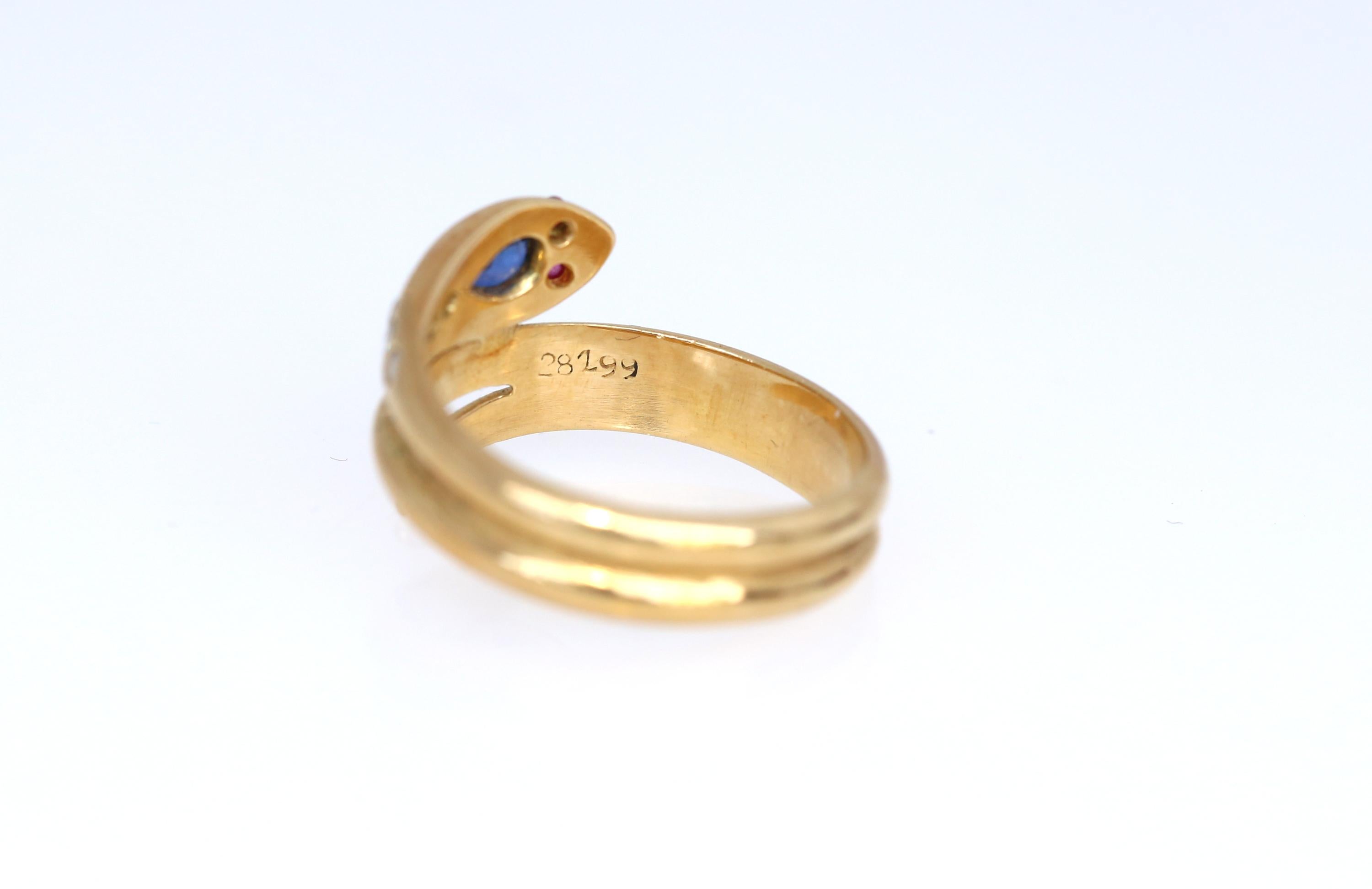 Edwardian Snake Ring 18K Yellow Gold Sapphire Ruby Diamonds, 1905 1