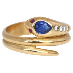 Edwardian Snake Ring 18K Yellow Gold Sapphire Ruby Diamonds, 1905