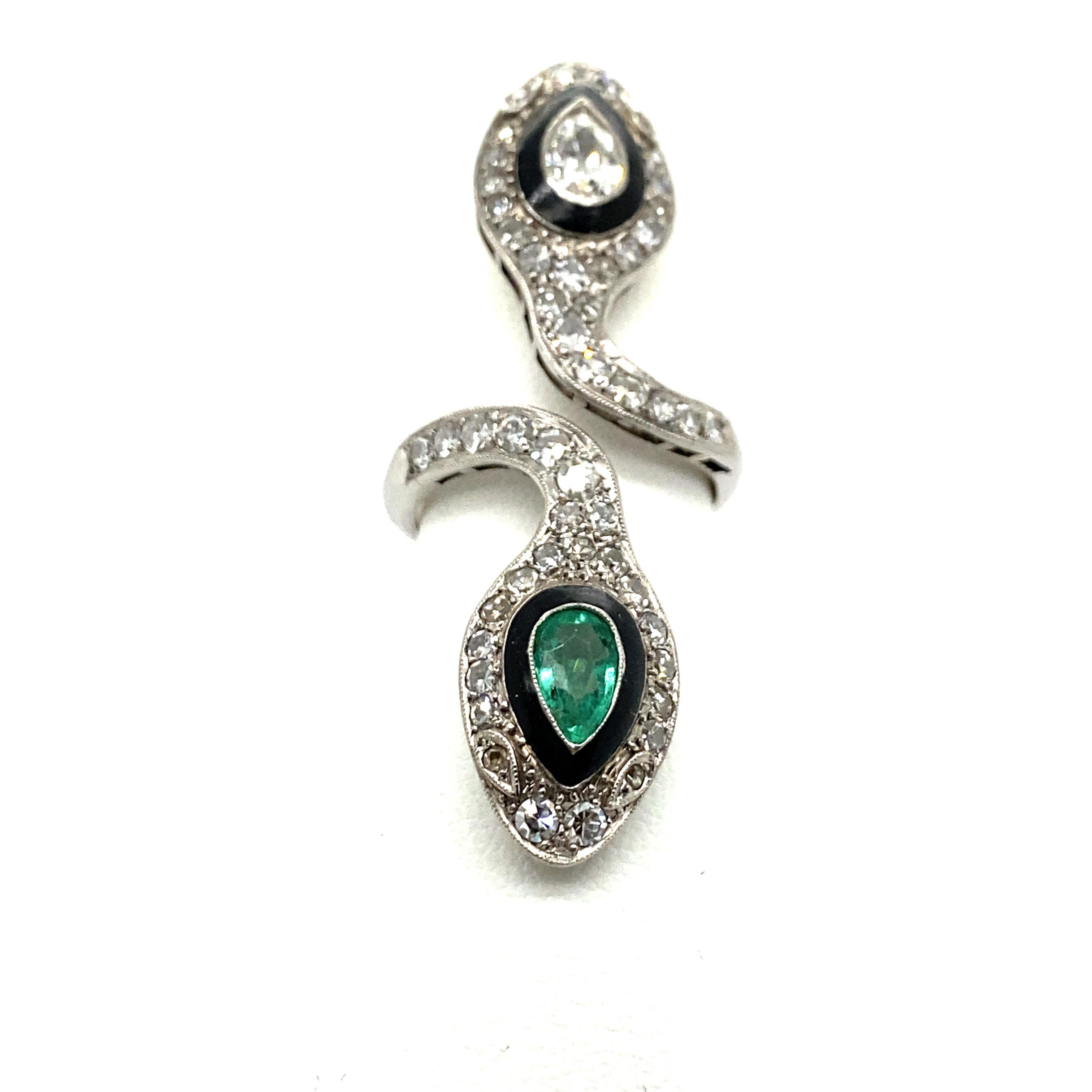 Women's or Men's Edwardian Snake Ring with Emeralds and Diamonds