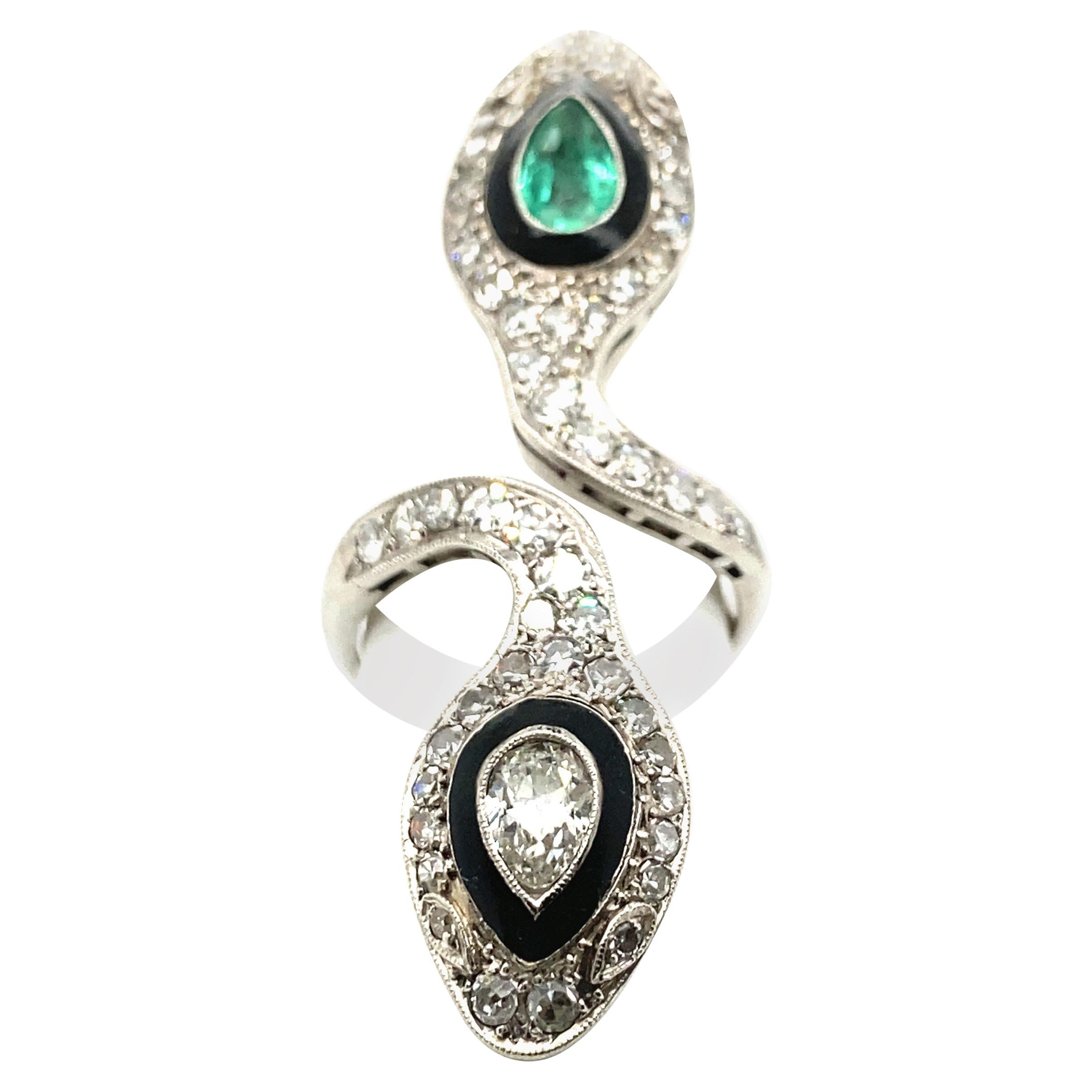 Edwardian Snake Ring with Emeralds and Diamonds