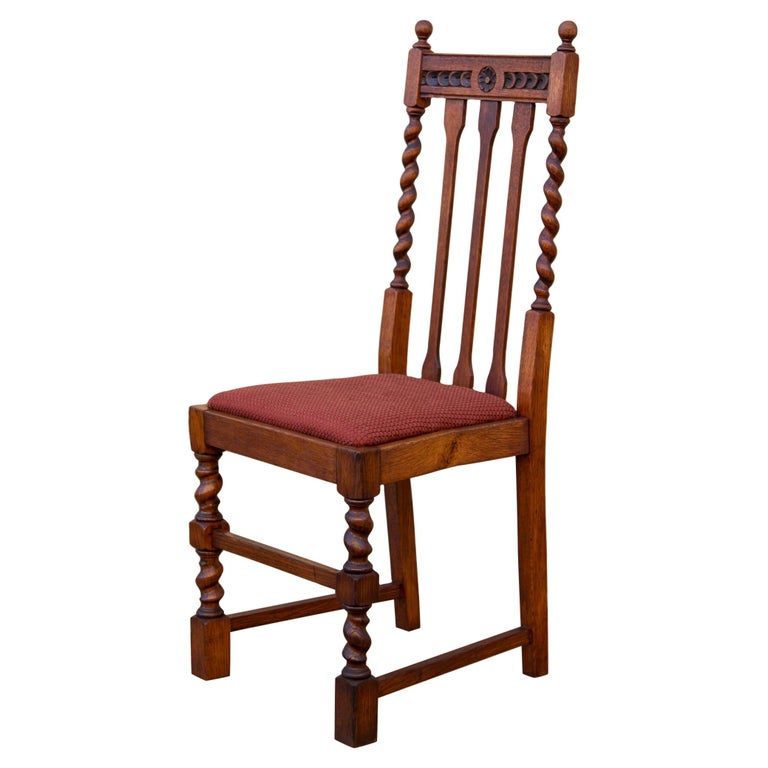 Edwardian Solid Oak Barley Twist Side Chair Red Upholstery For Sale 5