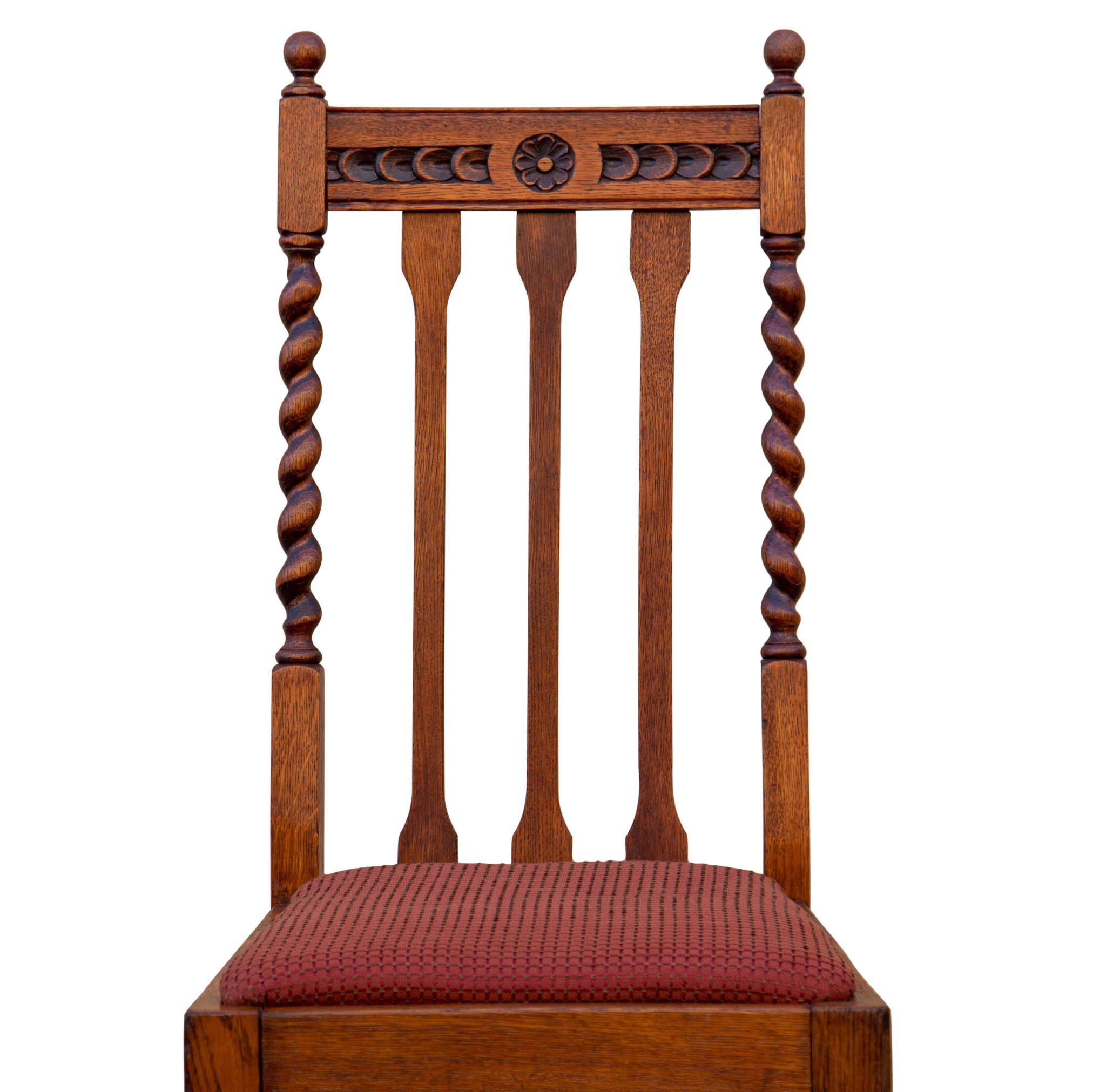 North American Edwardian Solid Oak Barley Twist Side Chair Red Upholstery