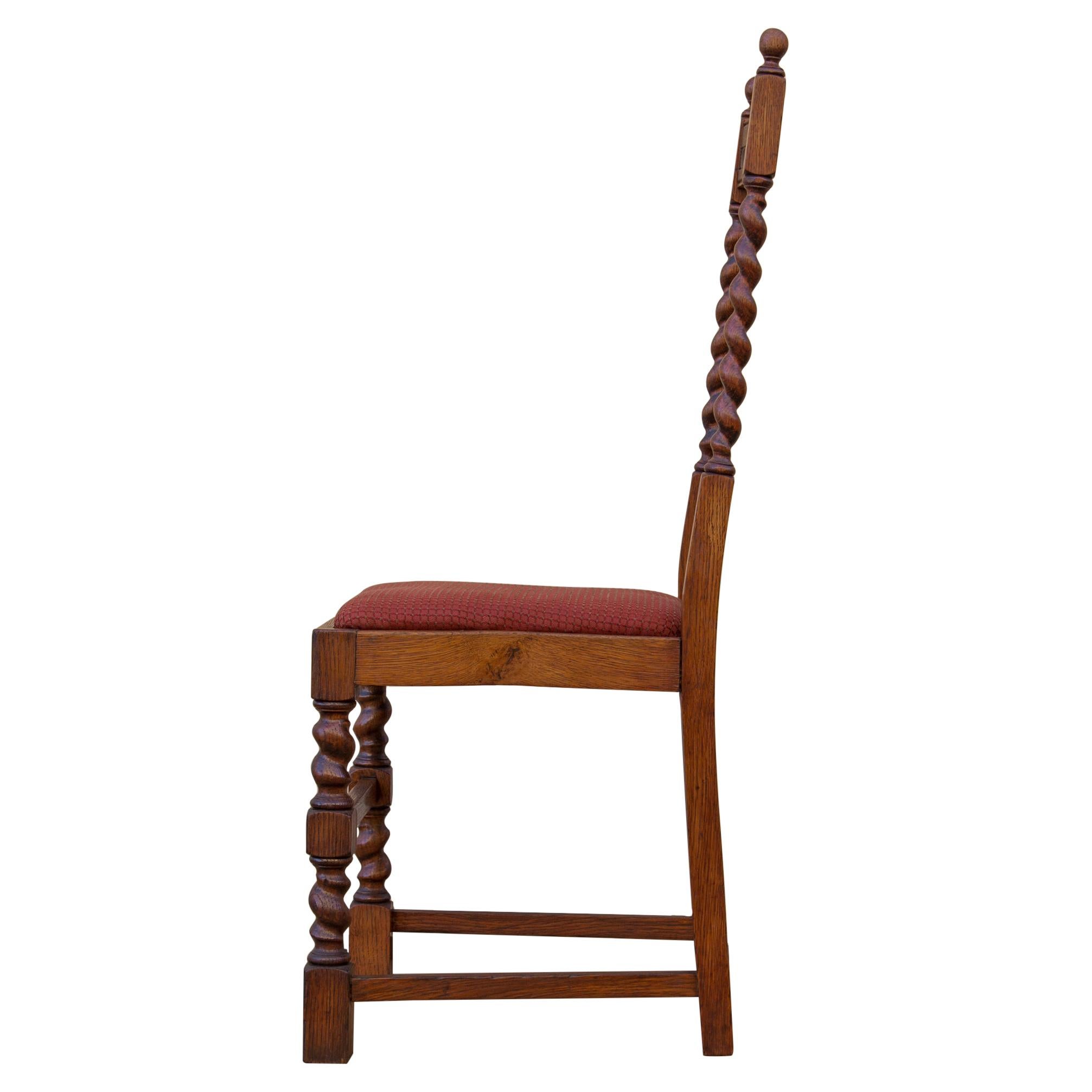 Edwardian Solid Oak Barley Twist Side Chair Red Upholstery In Fair Condition In Baltimore, MD