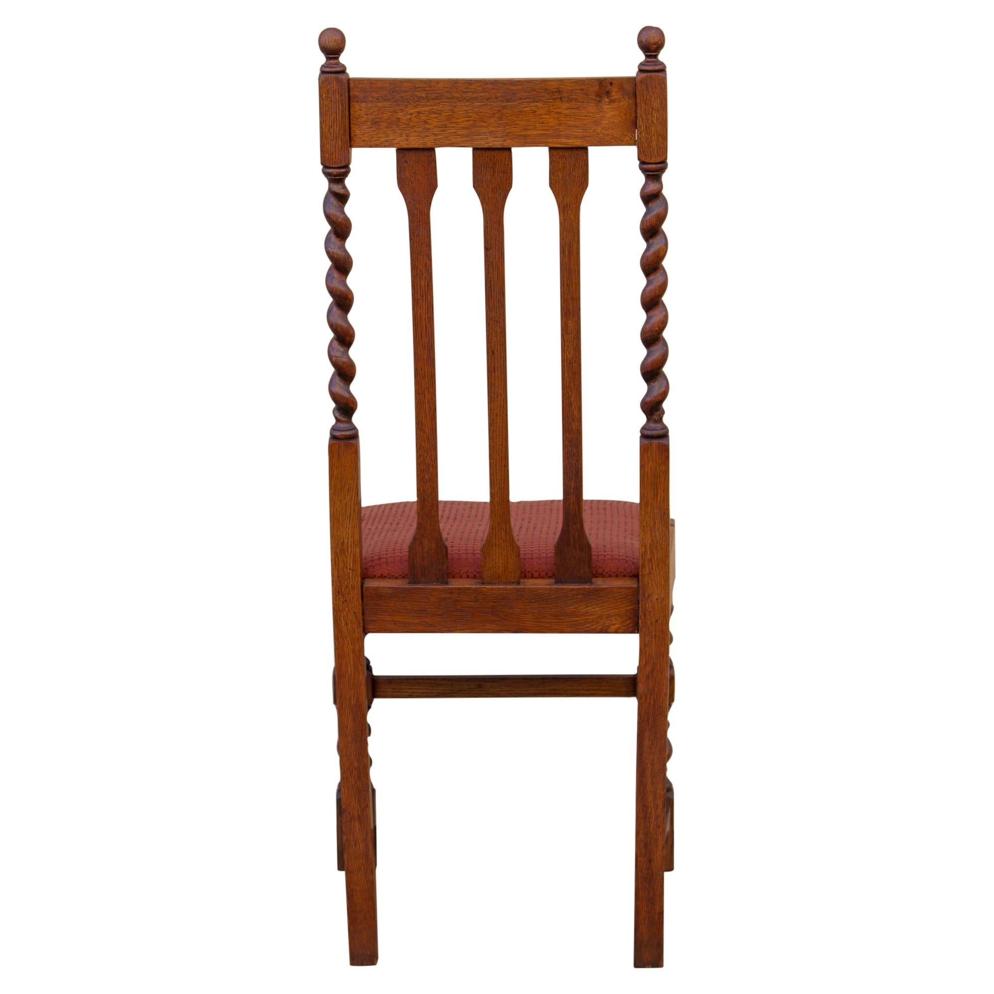 Early 20th Century Edwardian Solid Oak Barley Twist Side Chair Red Upholstery