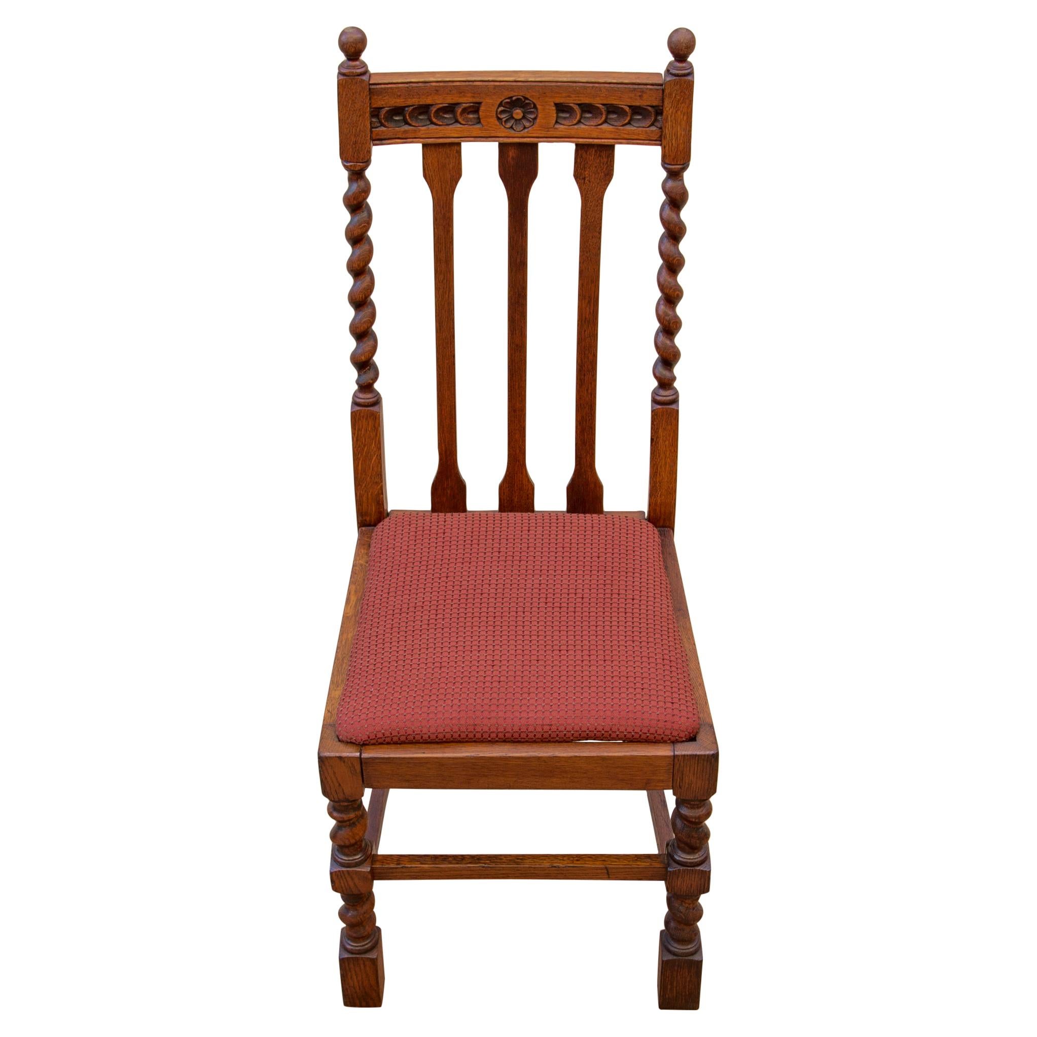 Fabric Edwardian Solid Oak Barley Twist Side Chair Red Upholstery