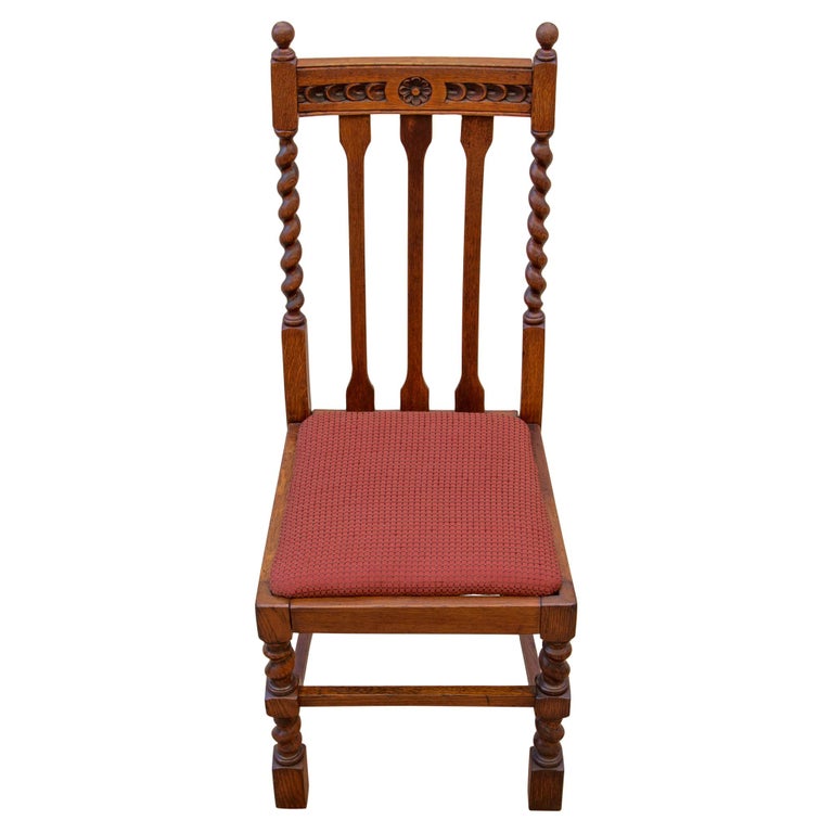 Fabric Edwardian Solid Oak Barley Twist Side Chair Red Upholstery For Sale