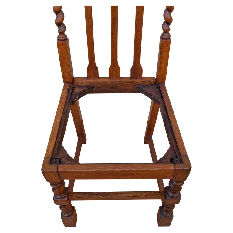 Edwardian Solid Oak Barley Twist Side Chair Red Upholstery For Sale 1