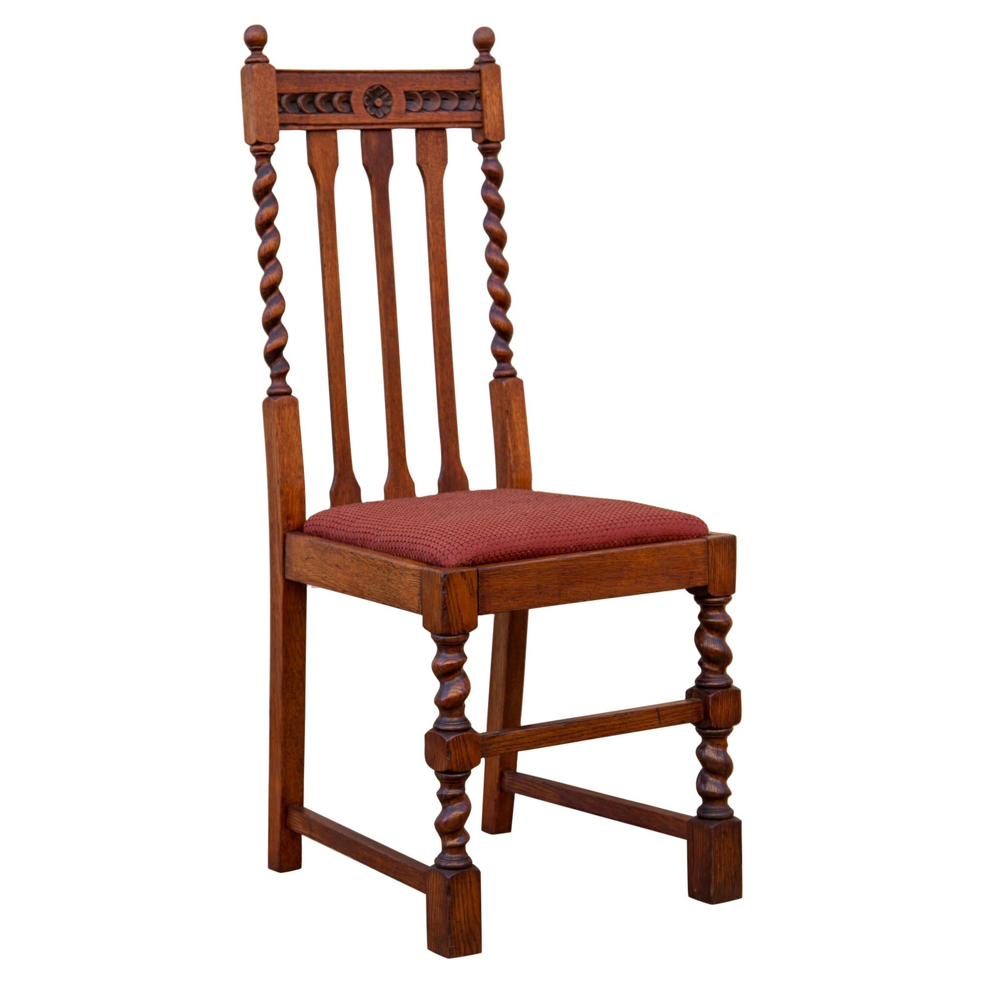 Edwardian Solid Oak Barley Twist Side Chair Red Upholstery