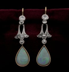 Edwardian Solid Opal Diamond Silver on Gold Drop Earrings